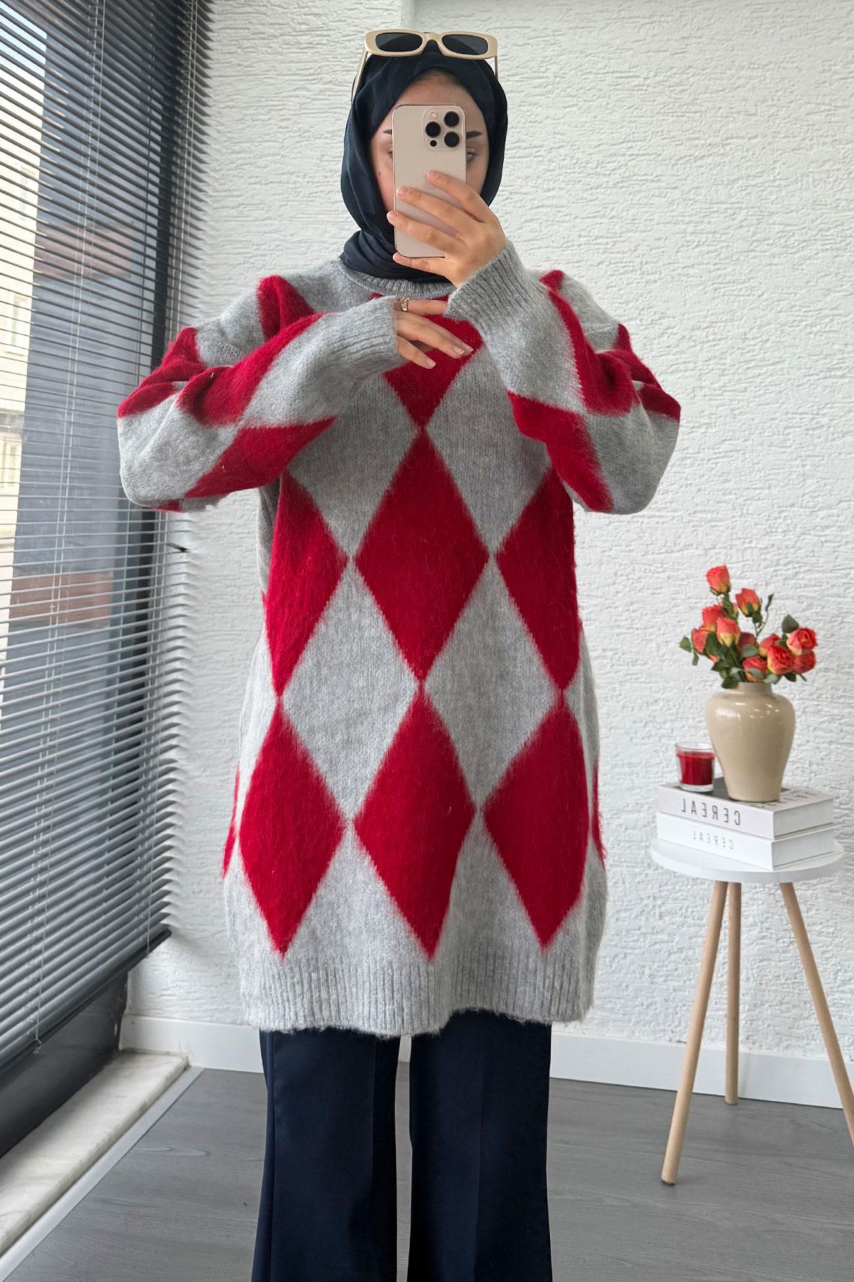 Baklava Desen Yumoş Triko Kadın Kazak – Kırmızı