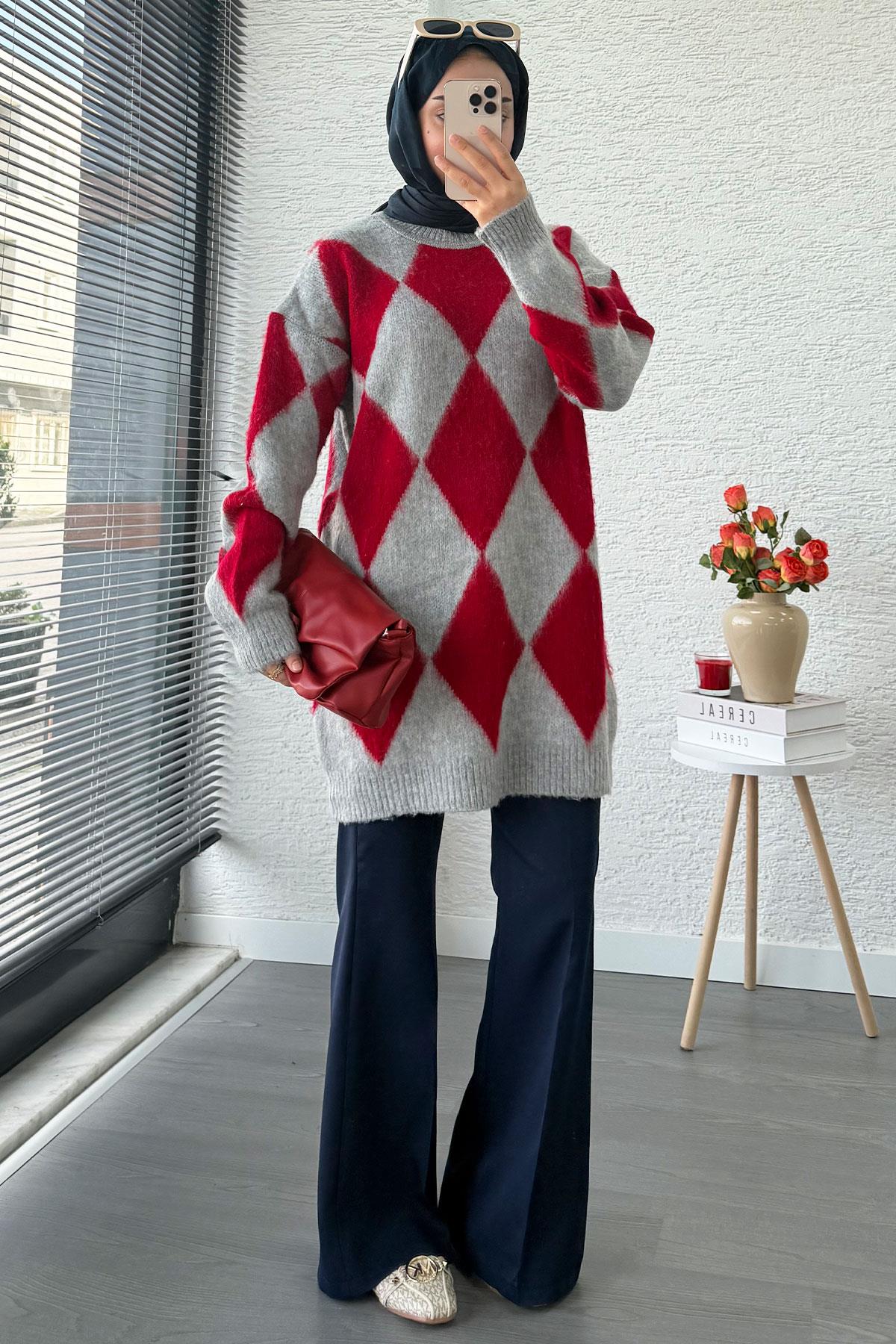 Baklava Desen Yumoş Triko Kadın Kazak – Kırmızı