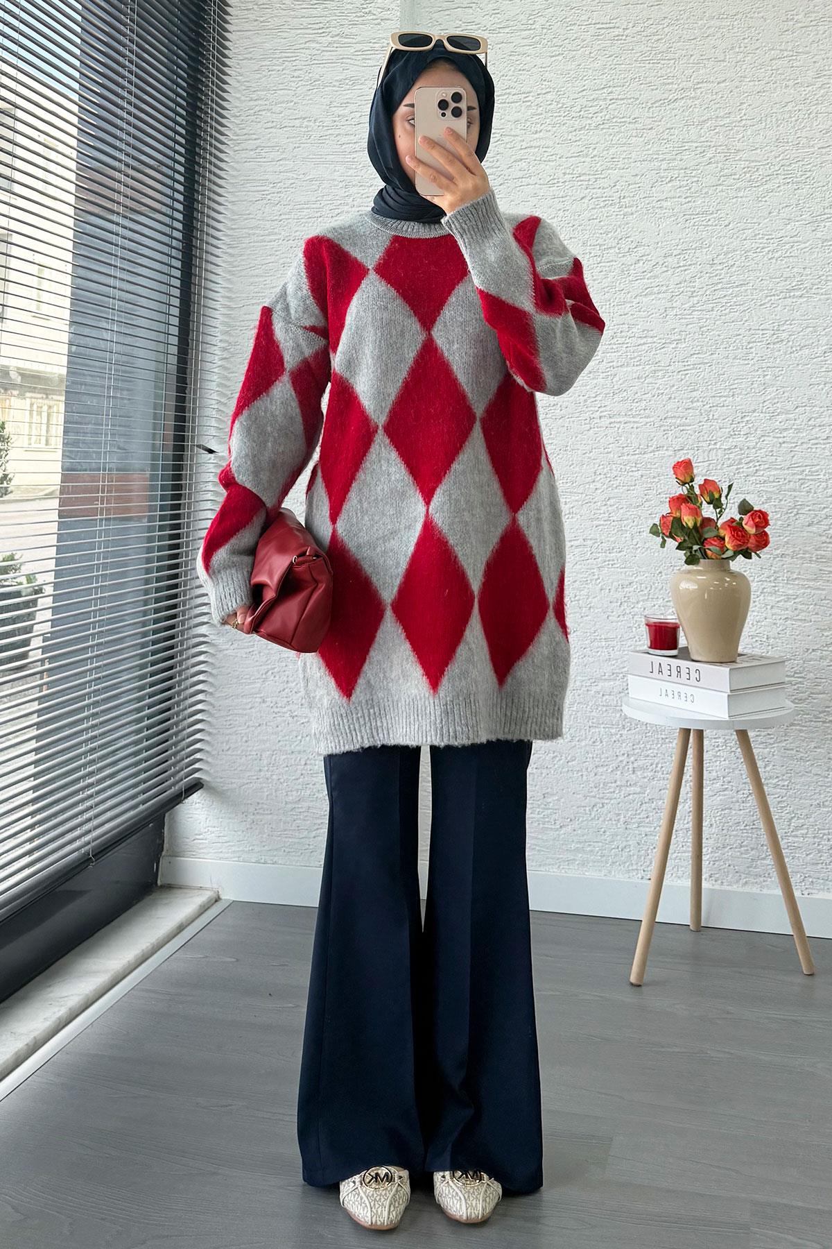 Baklava Desen Yumoş Triko Kadın Kazak – Kırmızı