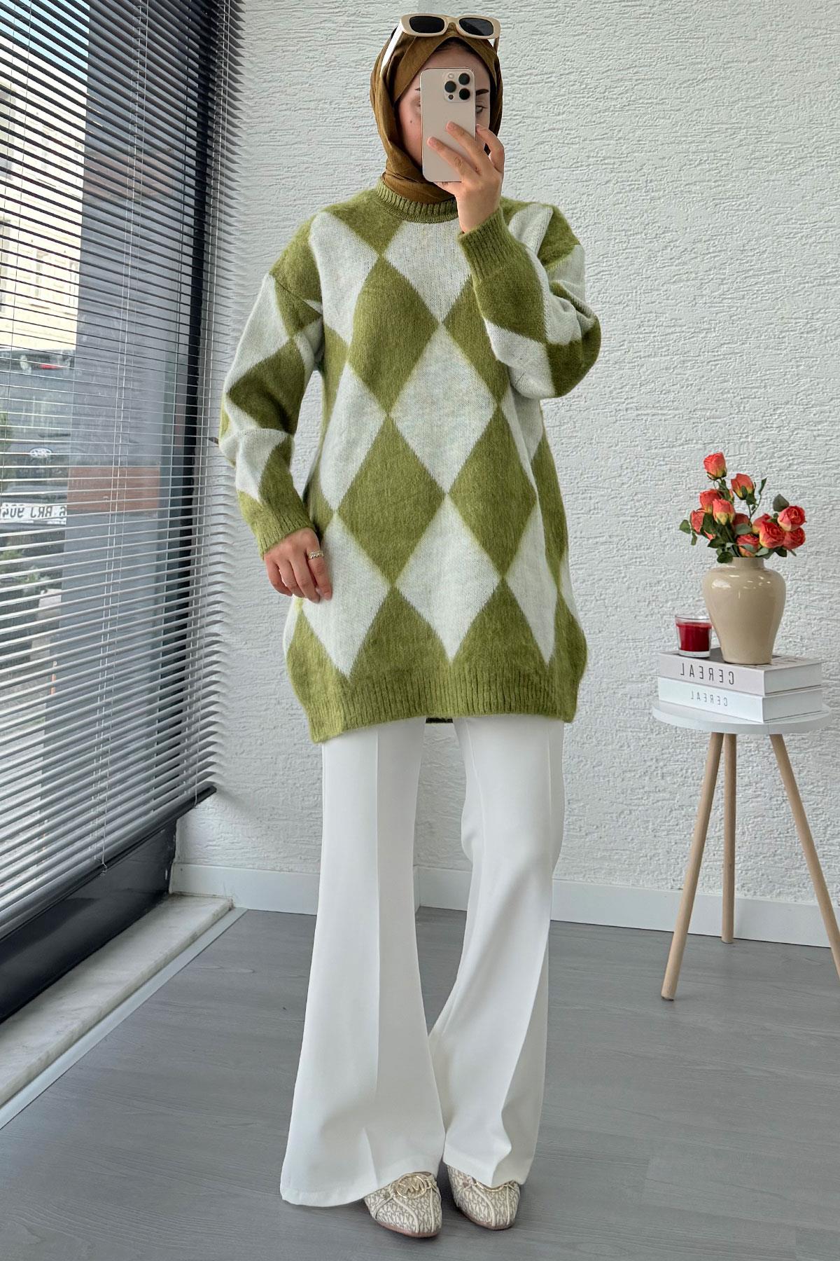 Baklava Desen Yumoş Triko Kadın Kazak – Yeşil