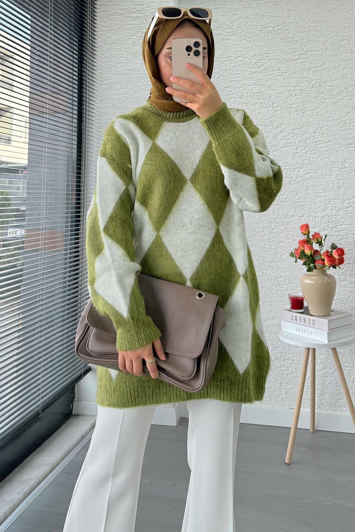 Baklava Desen Yumoş Triko Kadın Kazak – Yeşil