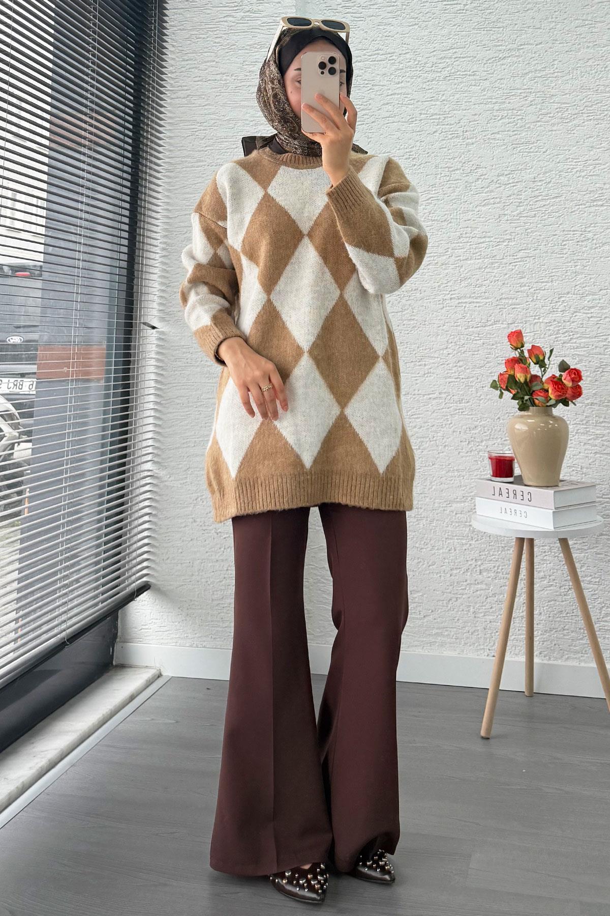 Baklava Desen Yumoş Triko Kadın Kazak – Vizon