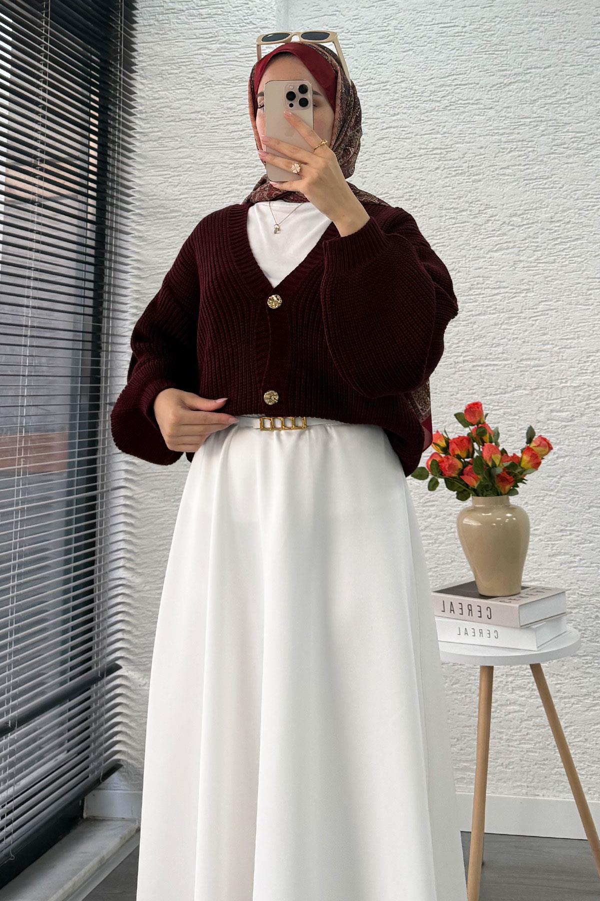 Balon Kol Gold Düğmeli Triko Hırka – Bordo