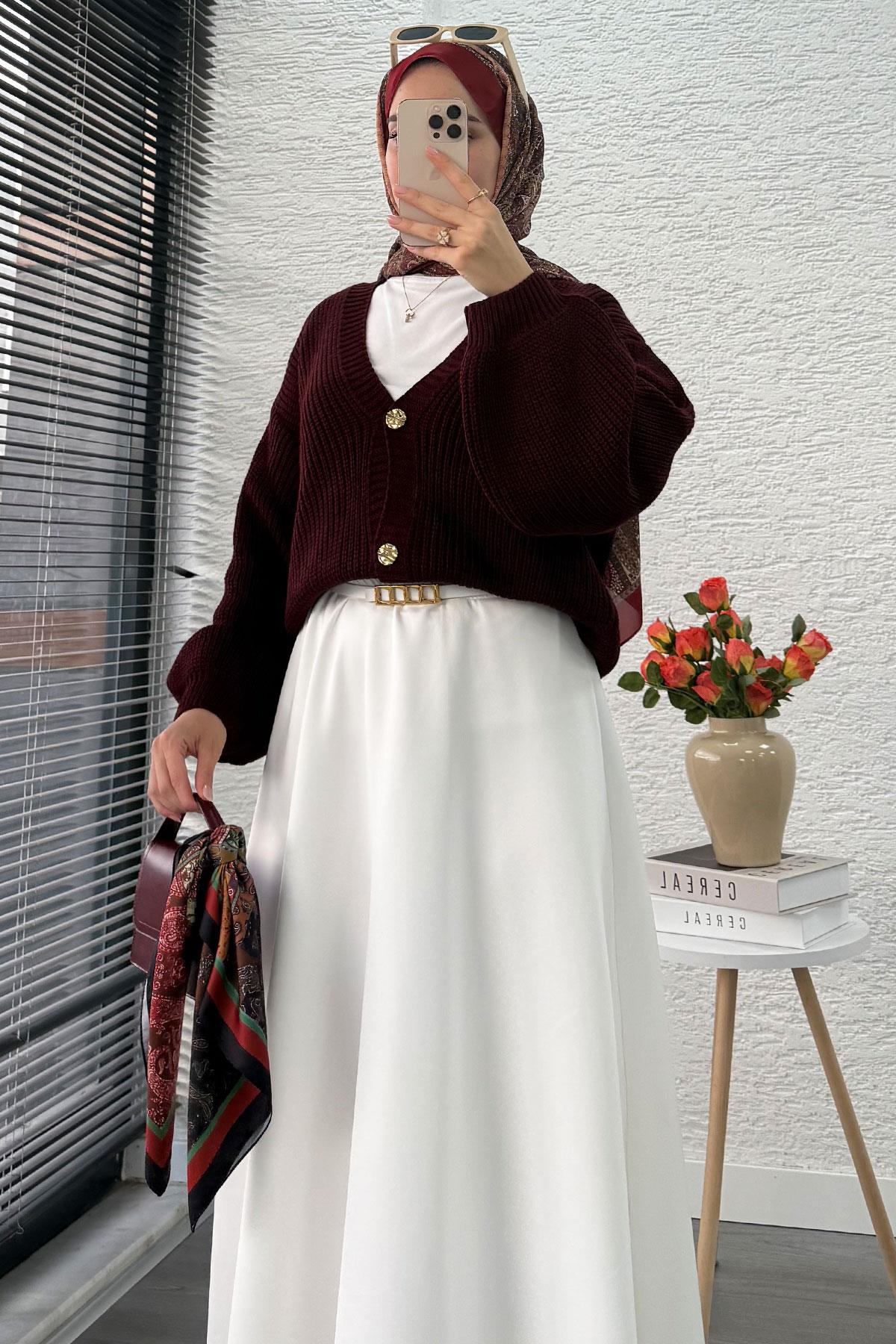 Balon Kol Gold Düğmeli Triko Hırka – Bordo