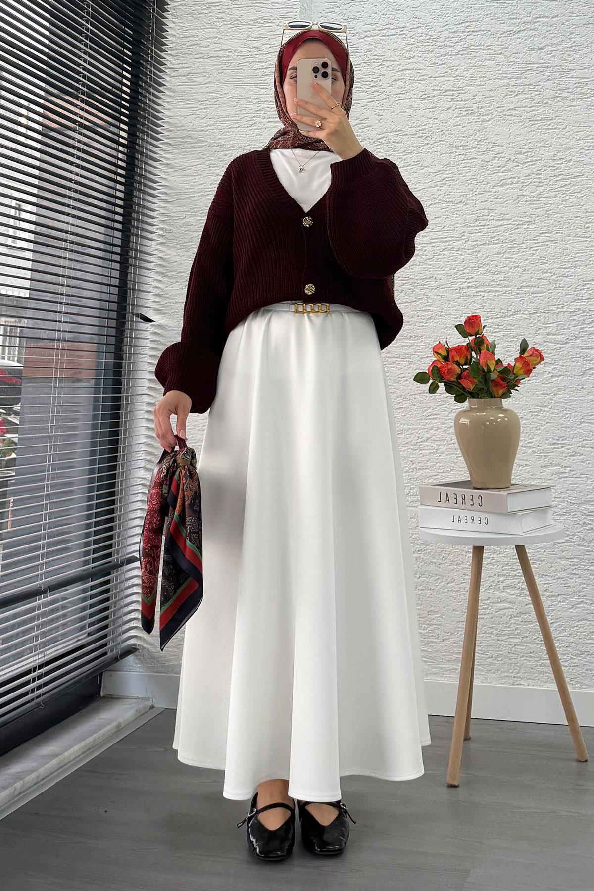 Balon Kol Gold Düğmeli Triko Hırka – Bordo