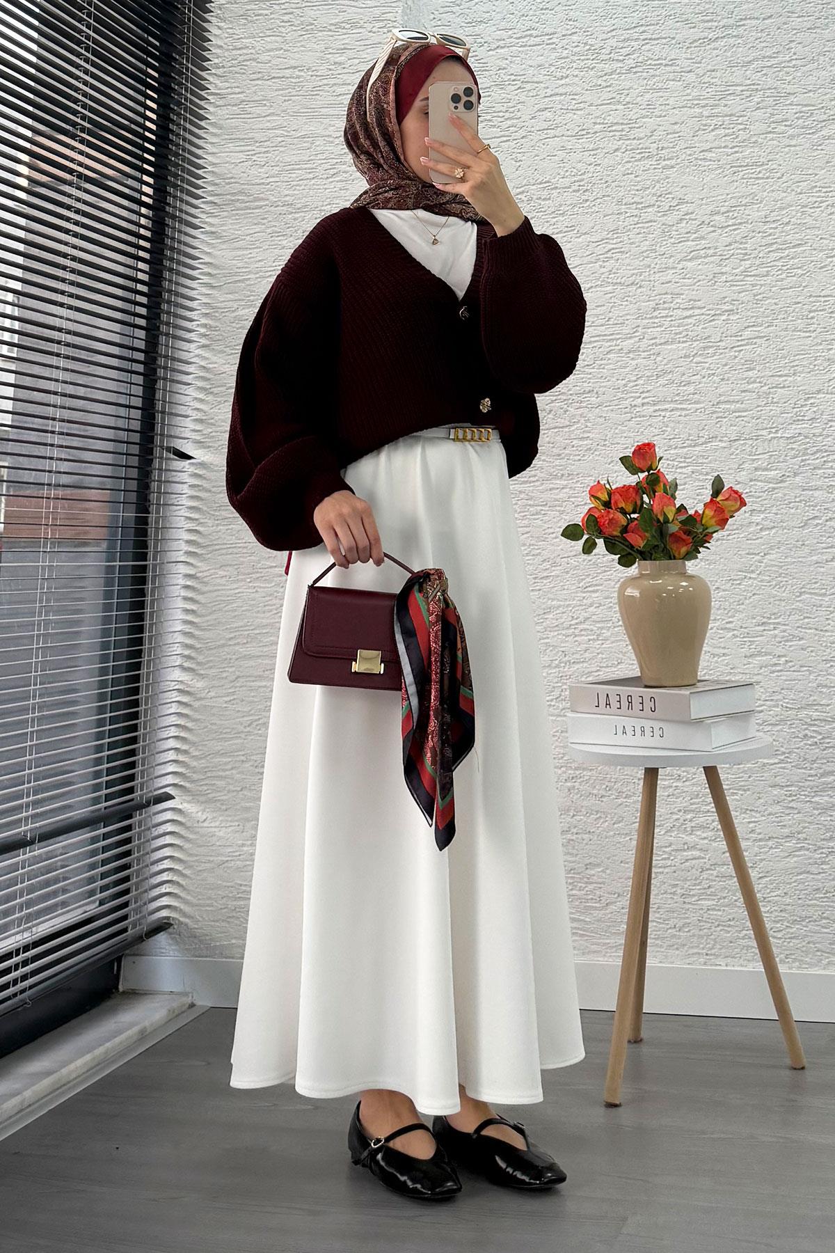 Balon Kol Gold Düğmeli Triko Hırka – Bordo