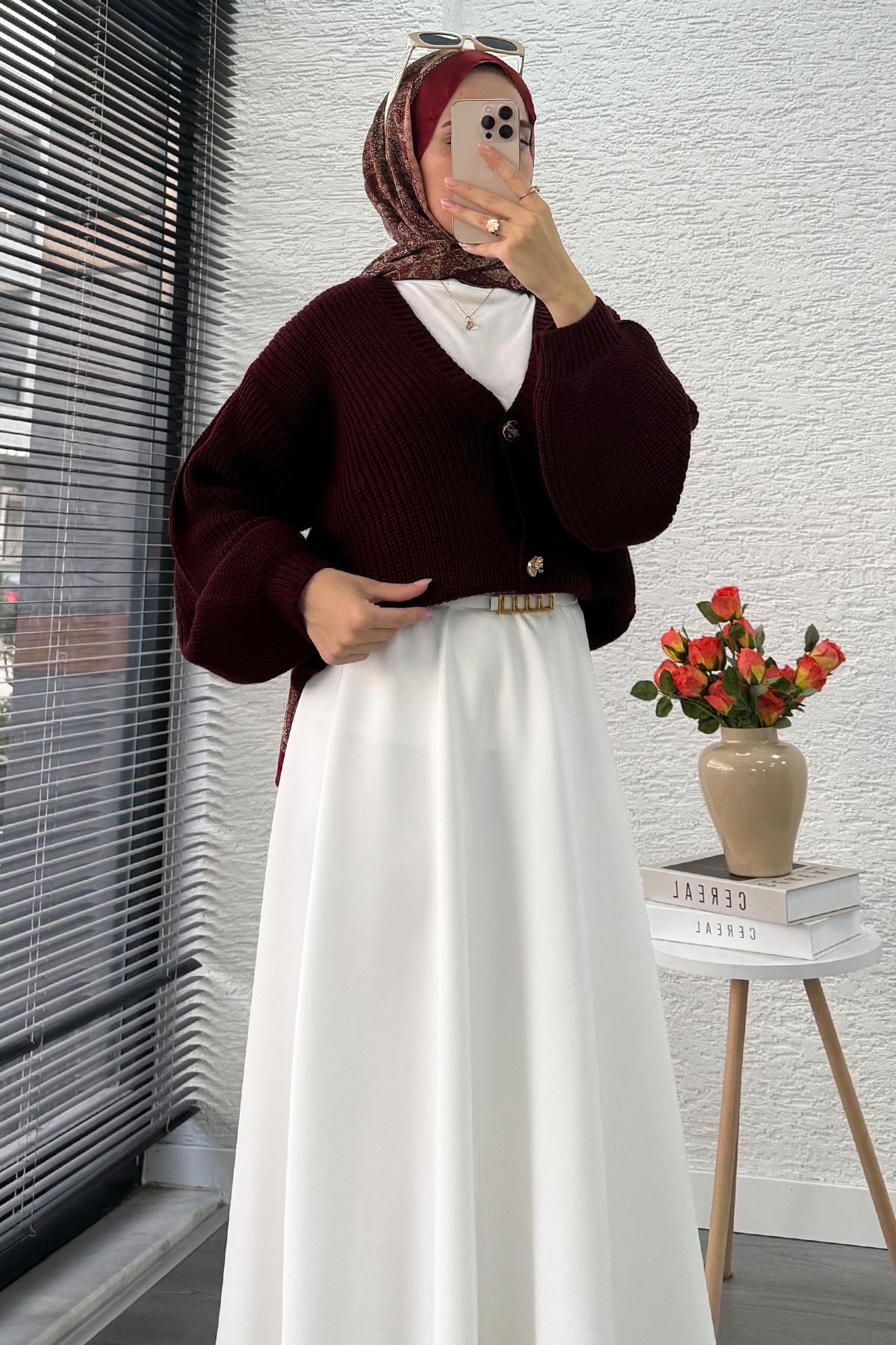 Balon Kol Gold Düğmeli Triko Hırka – Bordo