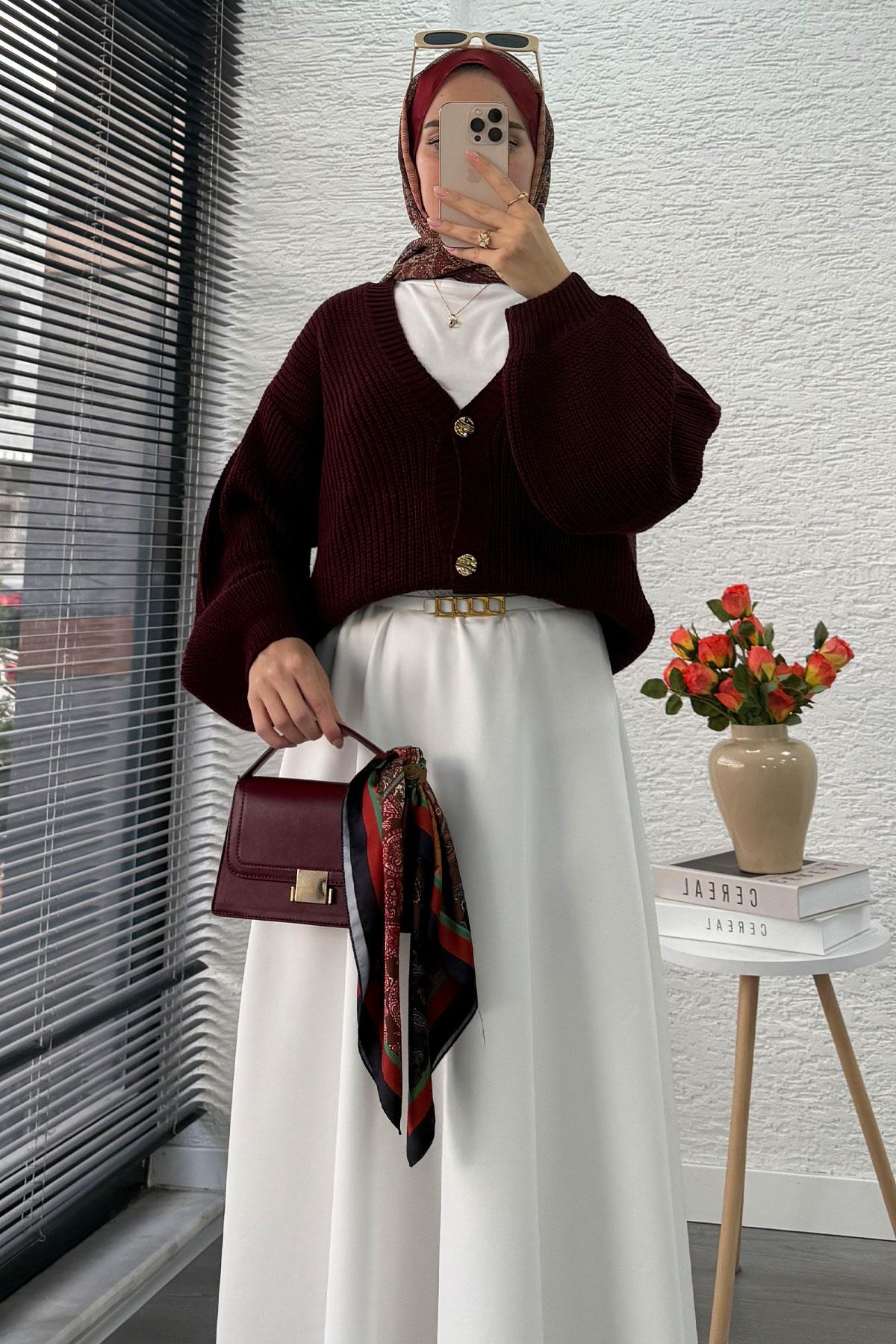 Balon Kol Gold Düğmeli Triko Hırka – Bordo