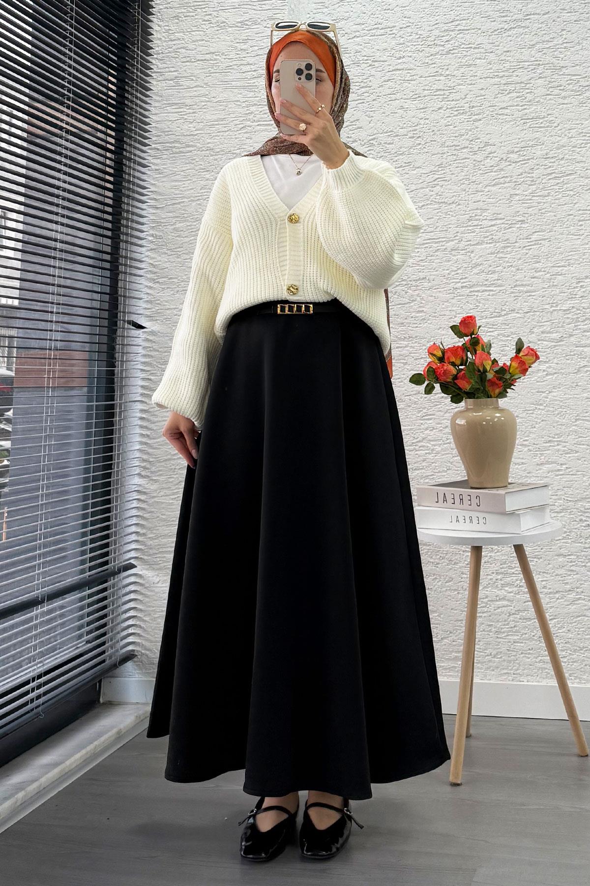 Balon Kol Gold Düğmeli Triko Hırka – Ekru