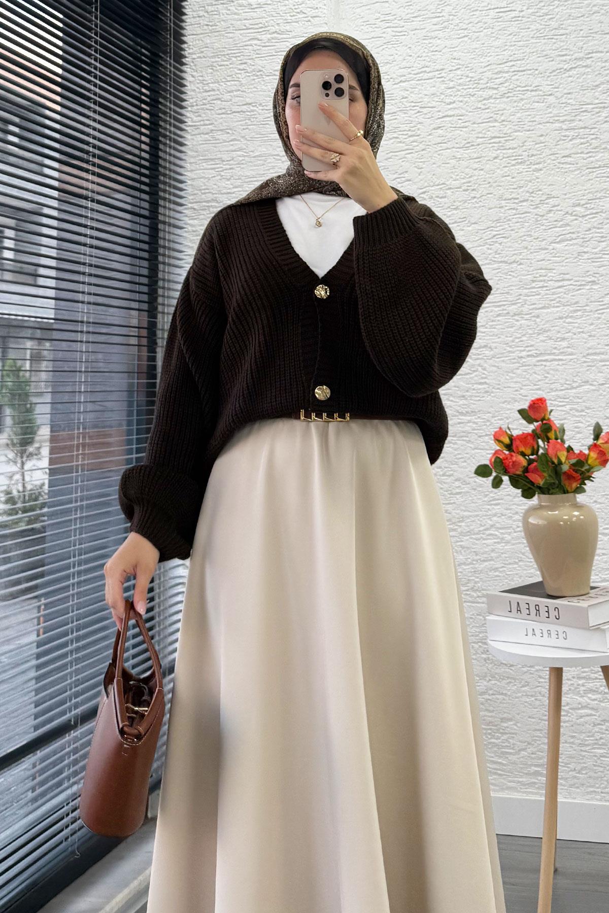 Balon Kol Gold Düğmeli Triko Hırka – Kahverengi