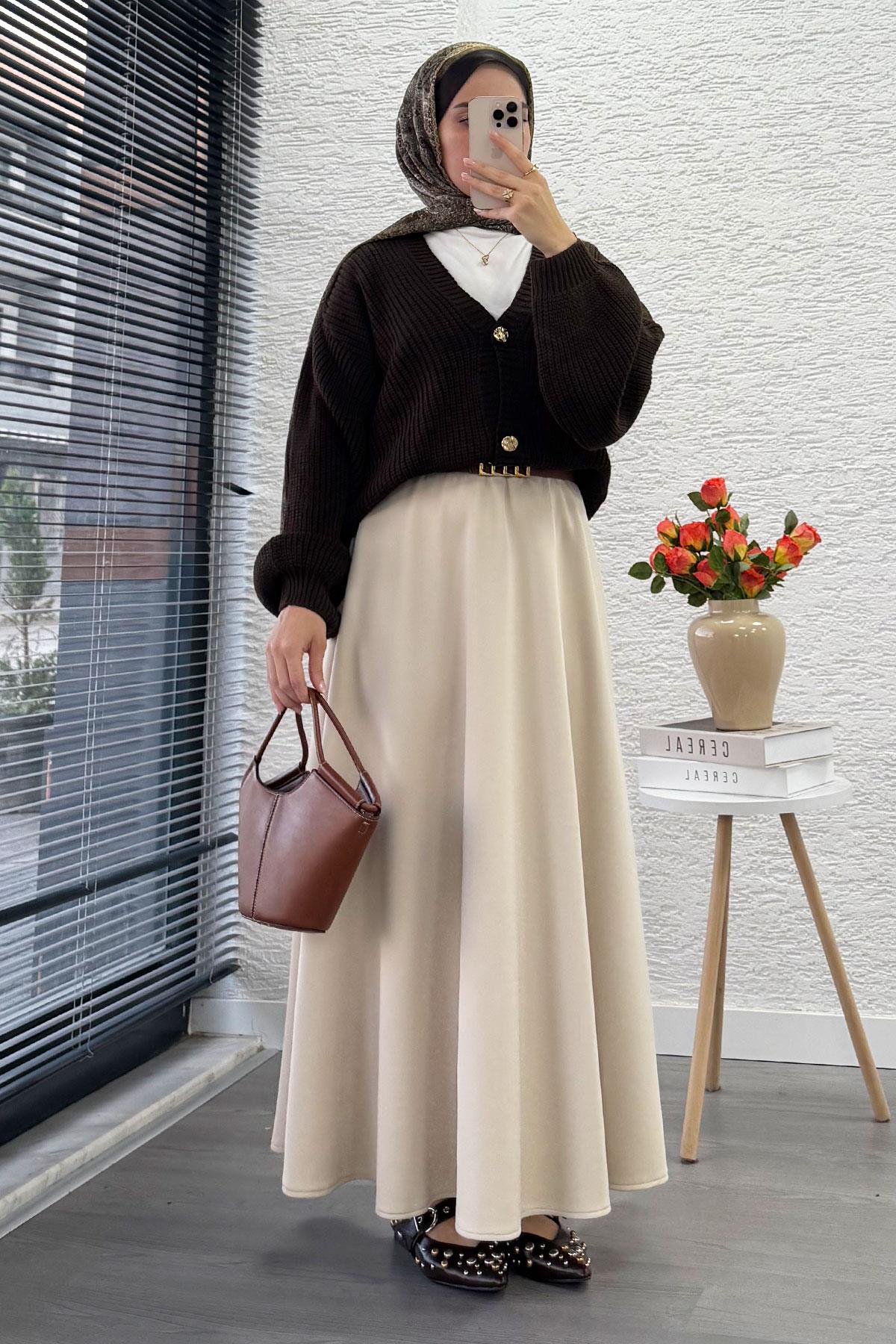 Balon Kol Gold Düğmeli Triko Hırka – Kahverengi