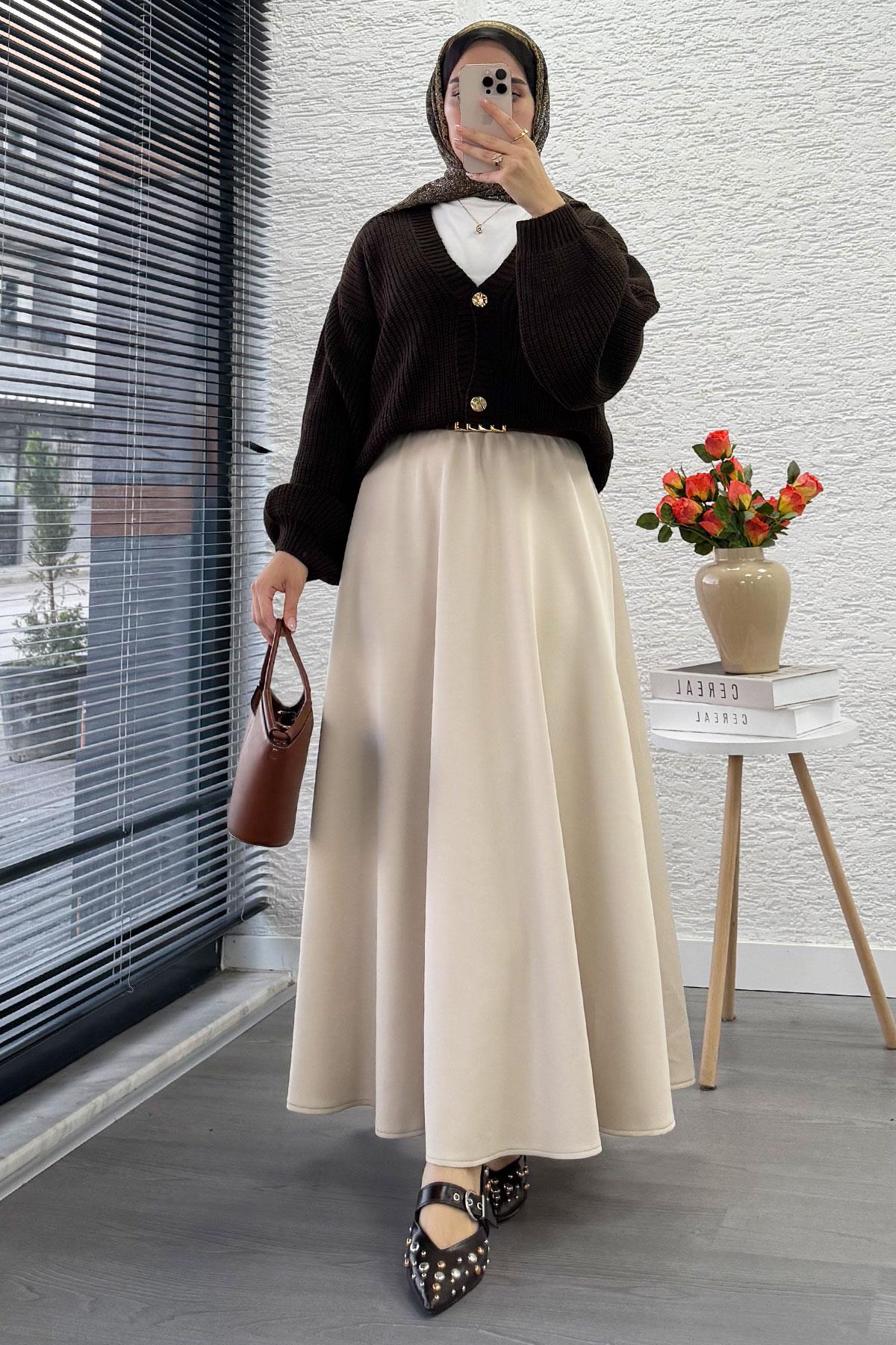 Balon Kol Gold Düğmeli Triko Hırka – Kahverengi