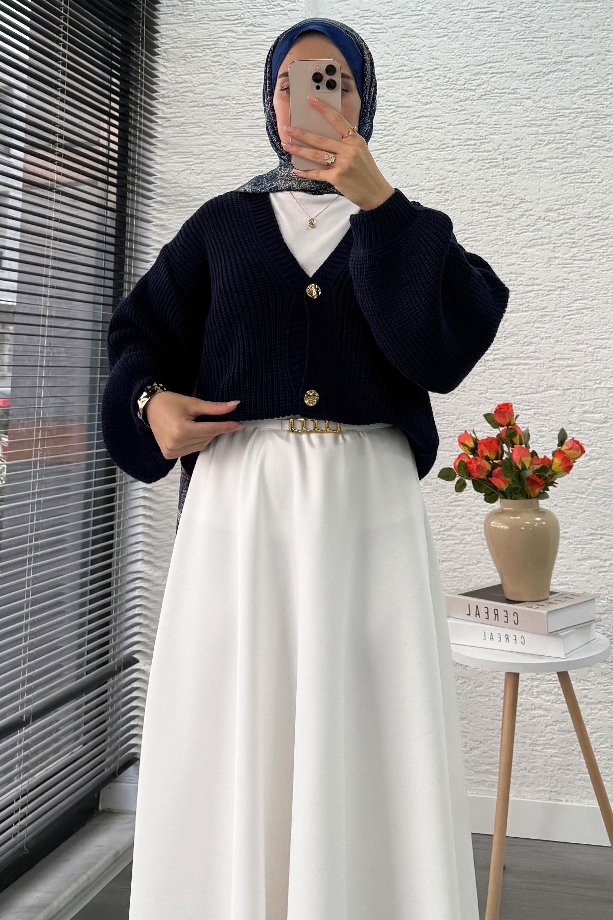 Balon Kol Gold Düğmeli Triko Hırka – Lacivert