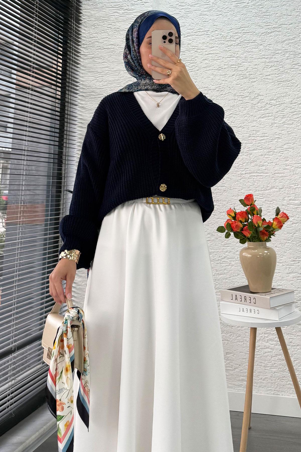 Balon Kol Gold Düğmeli Triko Hırka – Lacivert