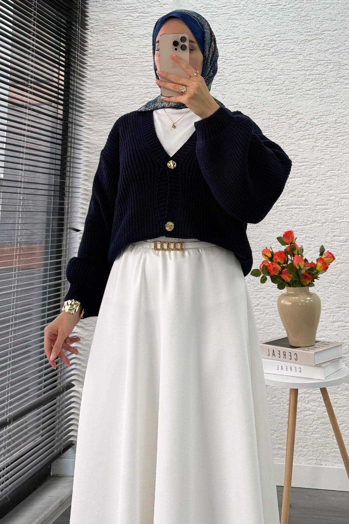 Balon Kol Gold Düğmeli Triko Hırka – Lacivert