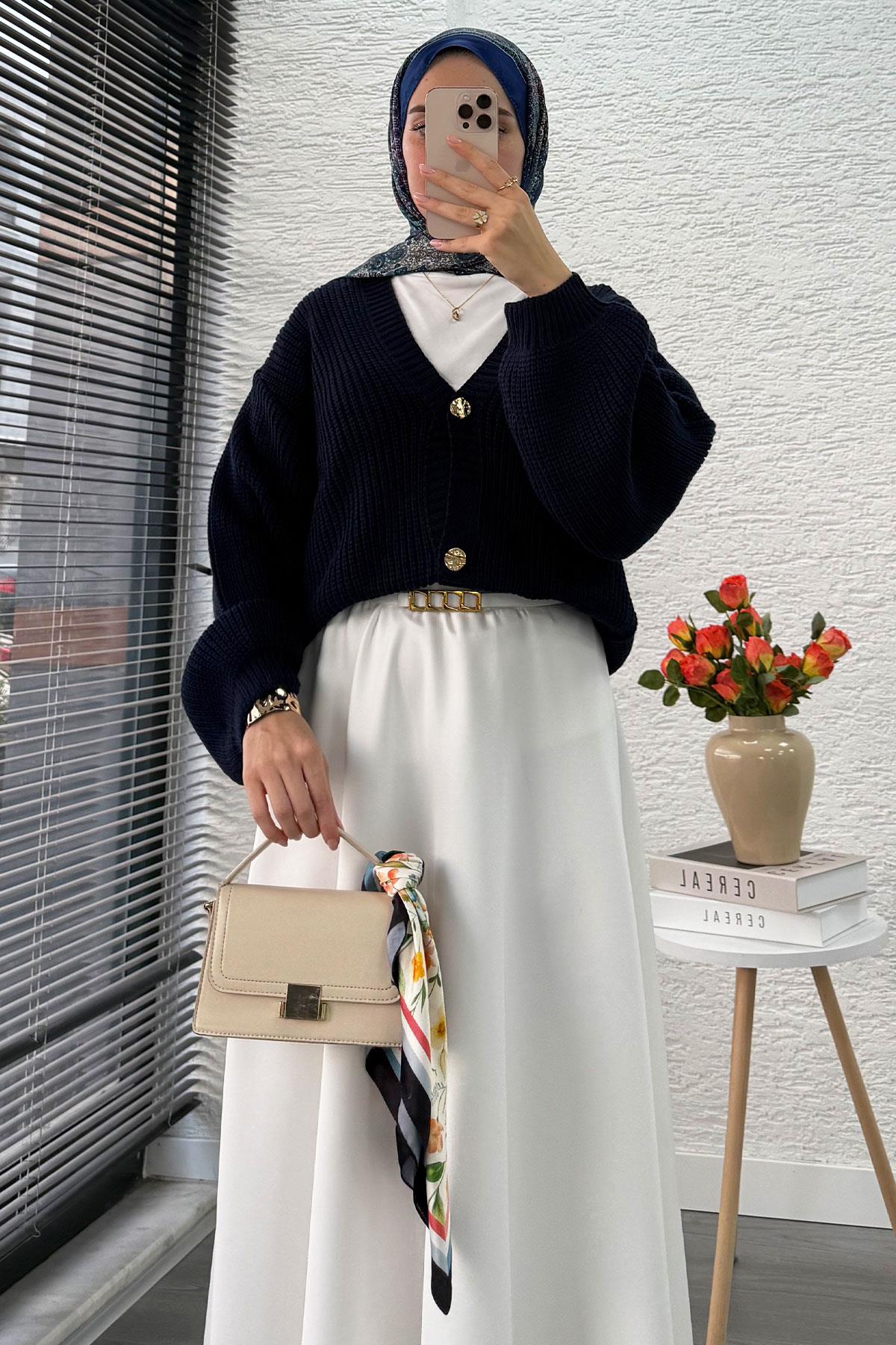 Balon Kol Gold Düğmeli Triko Hırka – Lacivert