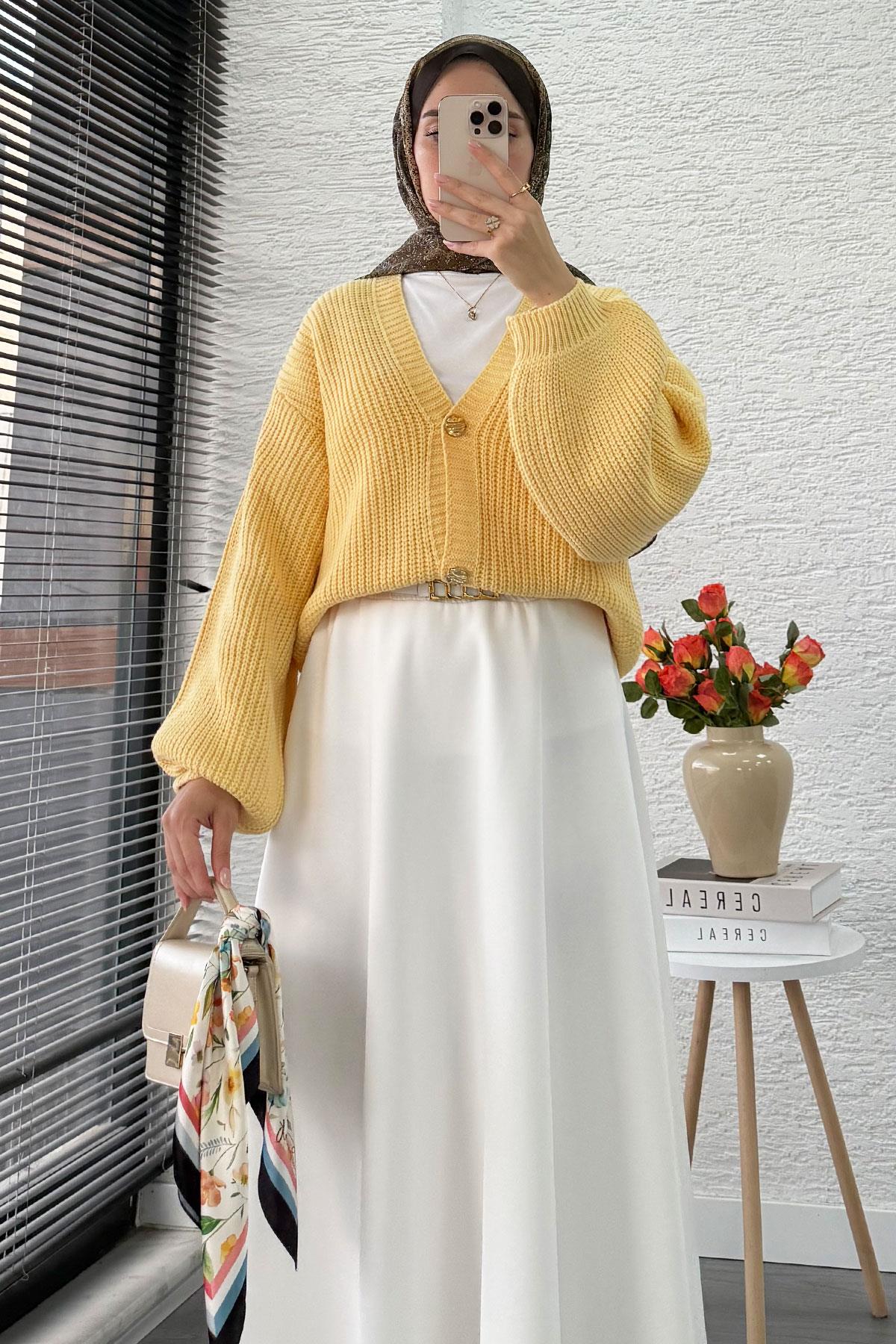 Balon Kol Gold Düğmeli Triko Hırka – Sarı