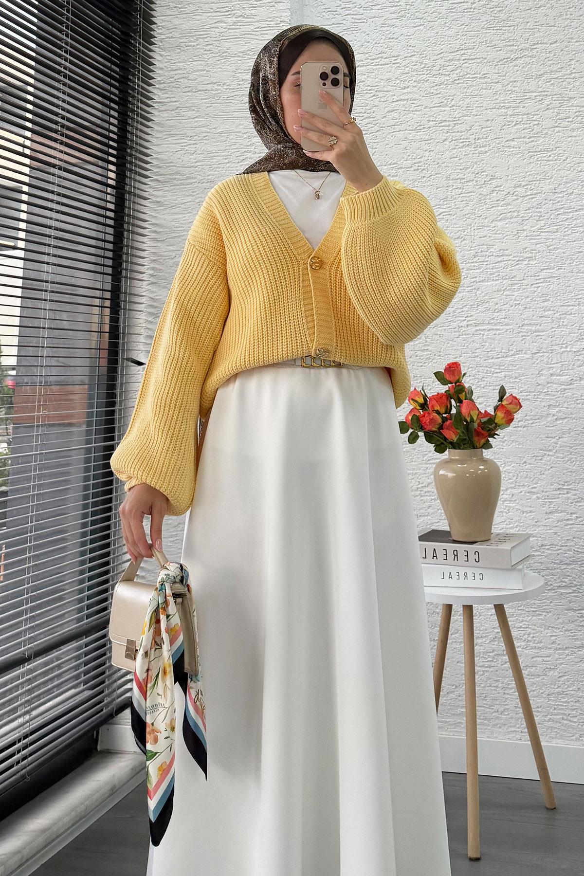 Balon Kol Gold Düğmeli Triko Hırka – Sarı