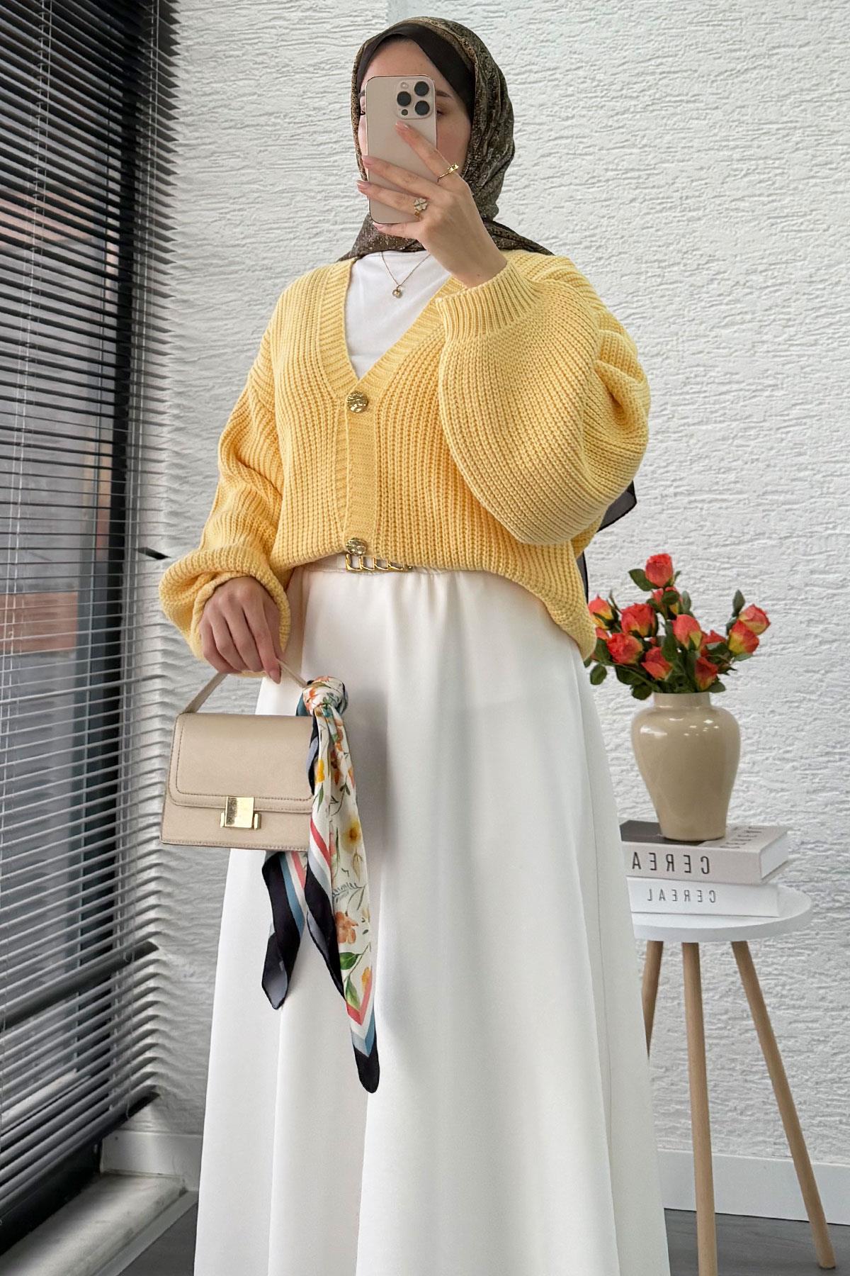 Balon Kol Gold Düğmeli Triko Hırka – Sarı