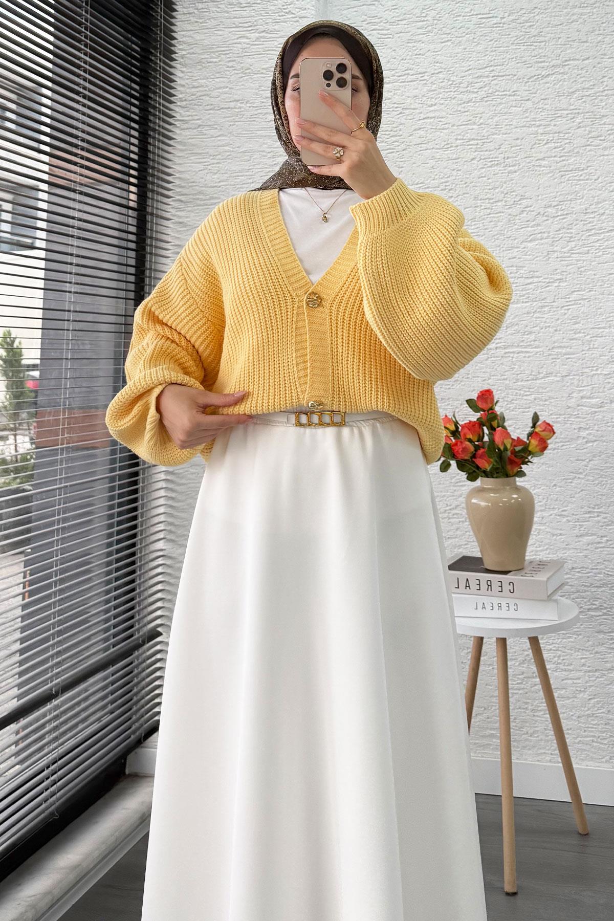 Balon Kol Gold Düğmeli Triko Hırka – Sarı