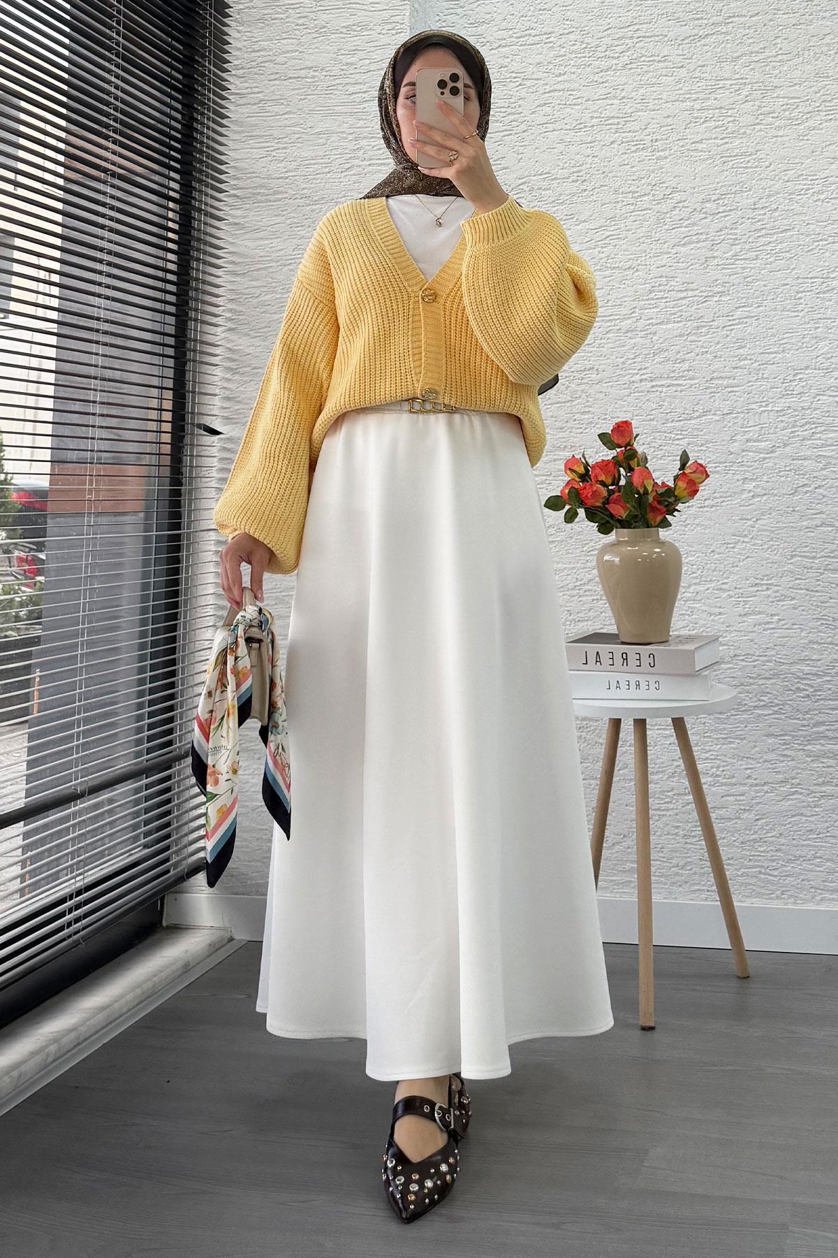 Balon Kol Gold Düğmeli Triko Hırka – Sarı