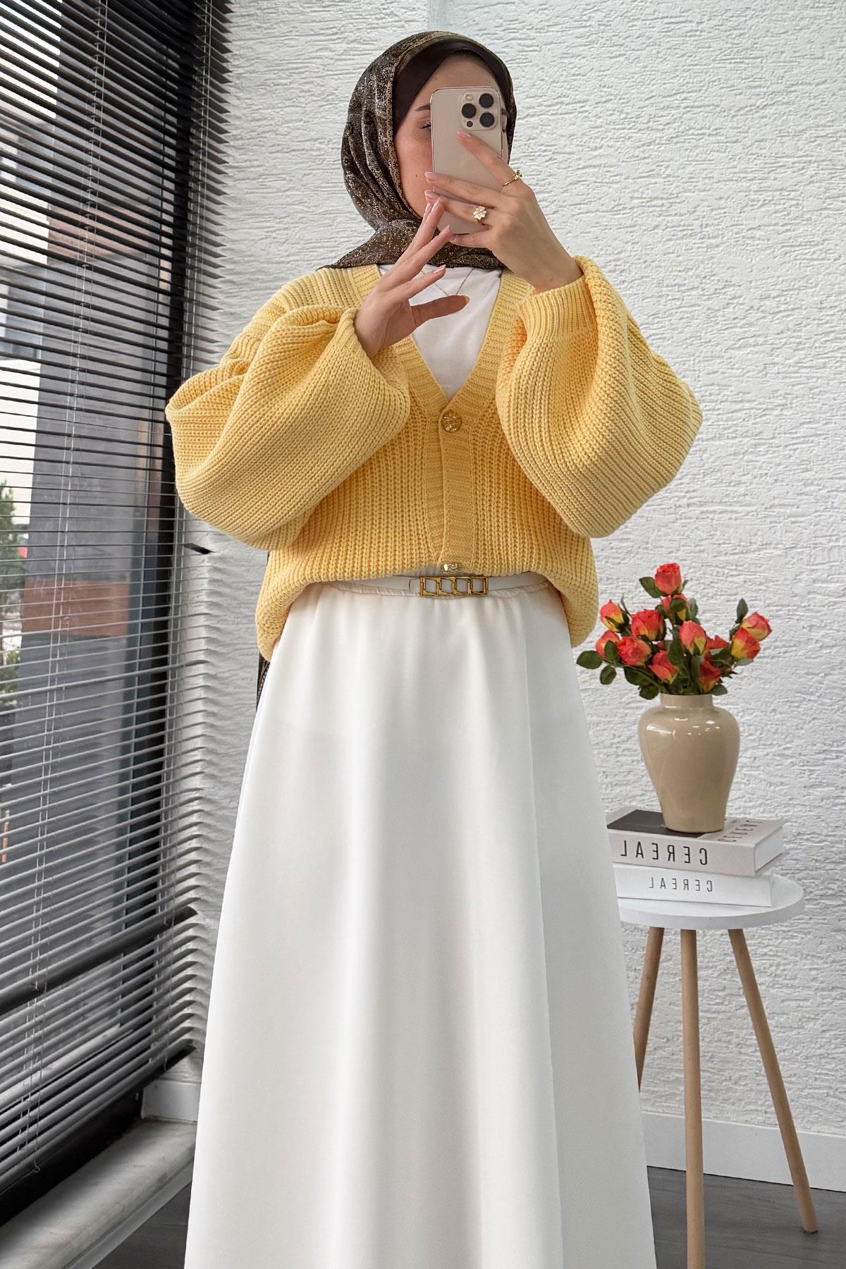 Balon Kol Gold Düğmeli Triko Hırka – Sarı