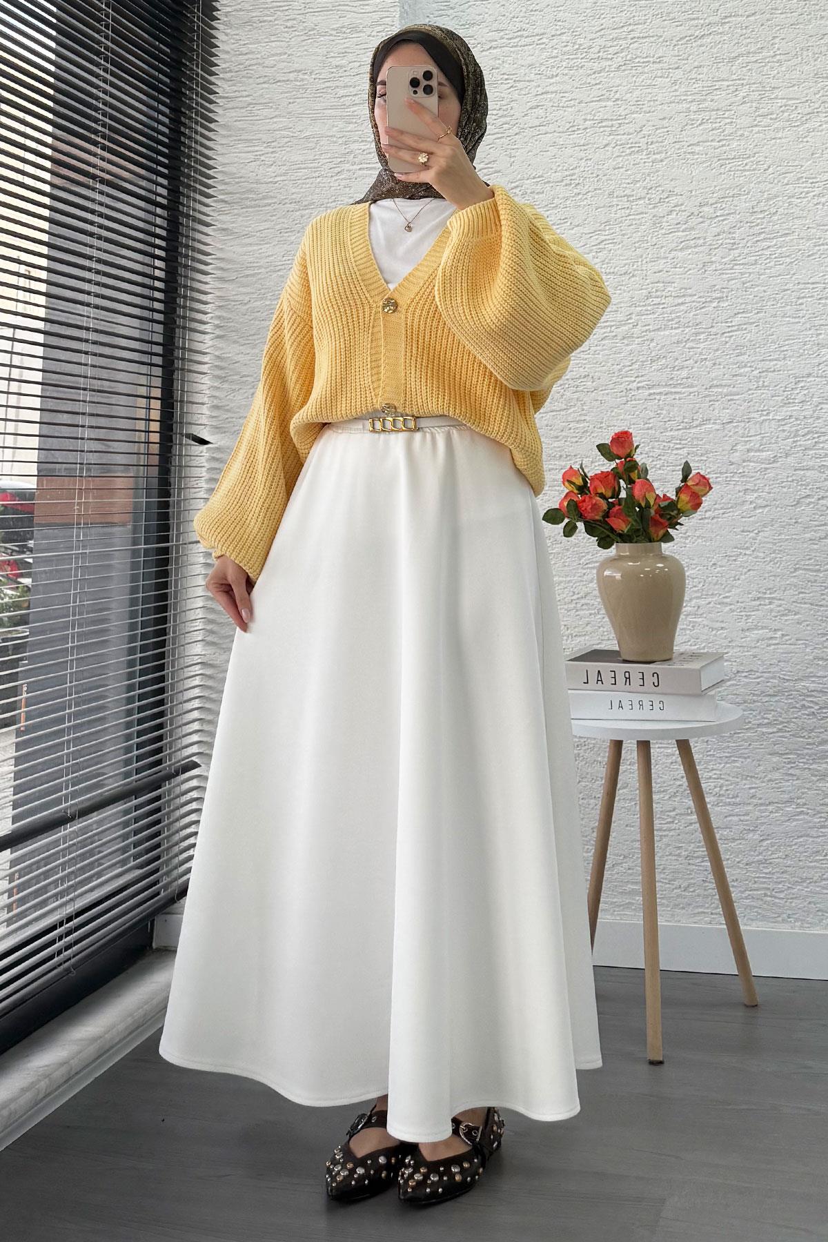 Balon Kol Gold Düğmeli Triko Hırka – Sarı