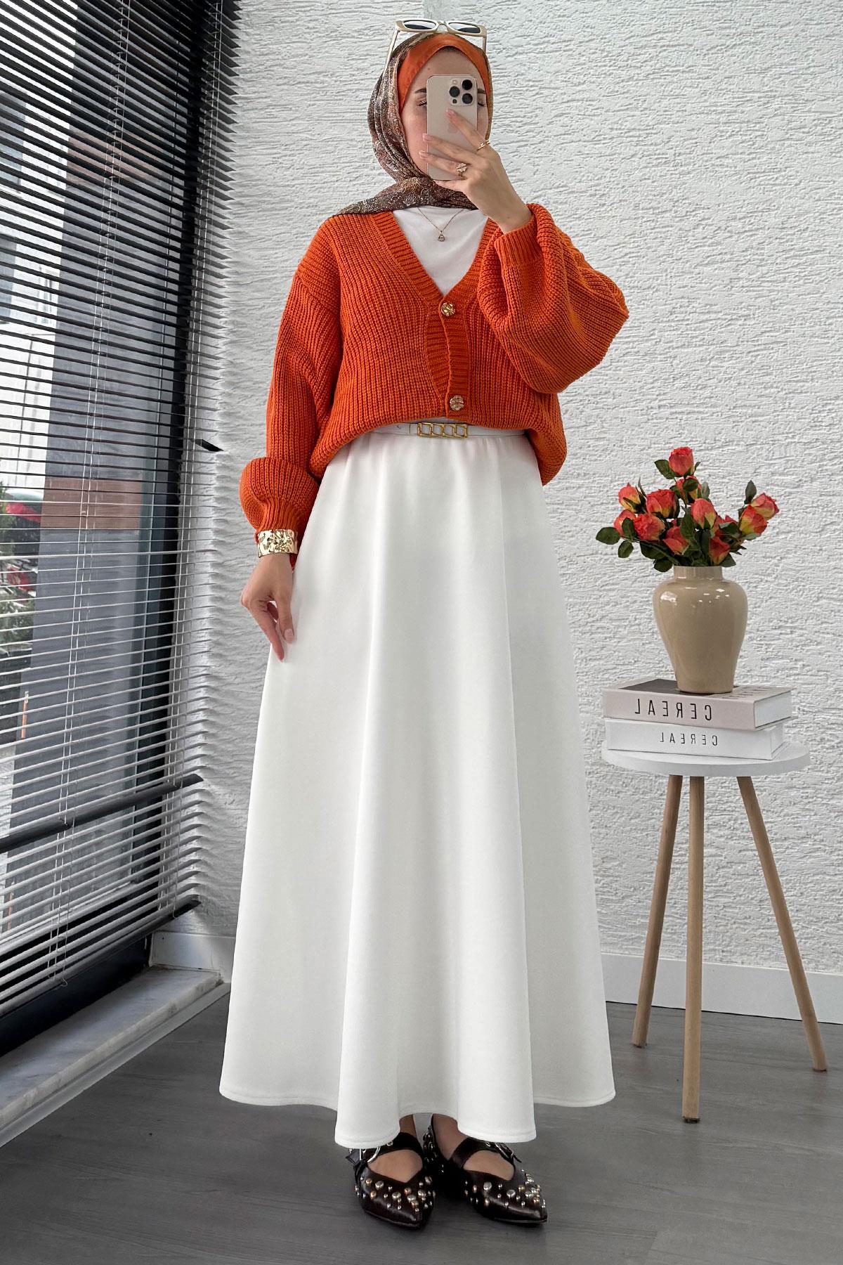 Balon Kol Gold Düğmeli Triko Hırka – Turuncu