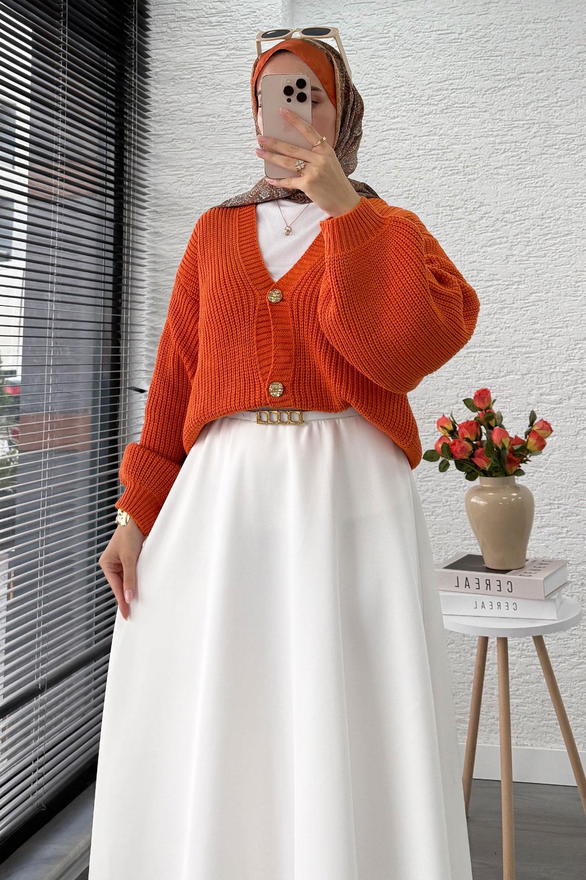 Balon Kol Gold Düğmeli Triko Hırka – Turuncu