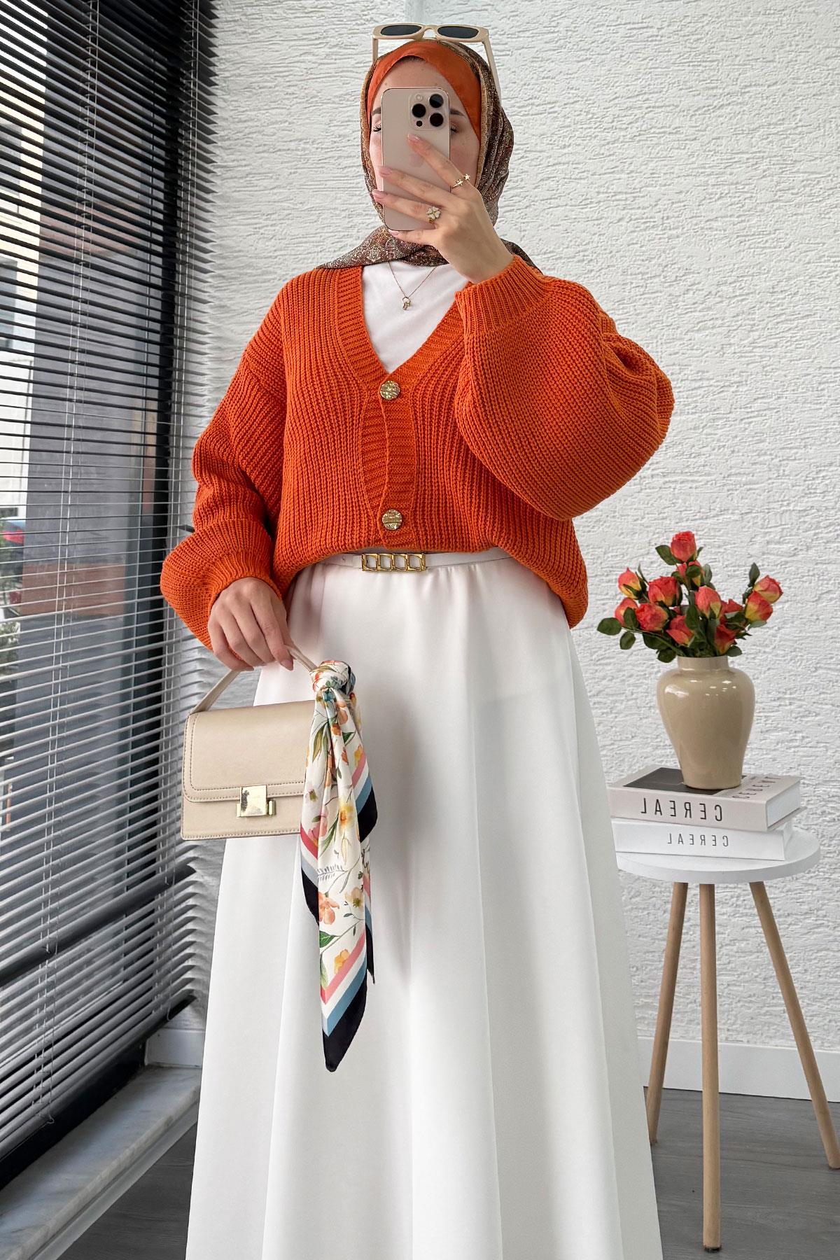 Balon Kol Gold Düğmeli Triko Hırka – Turuncu