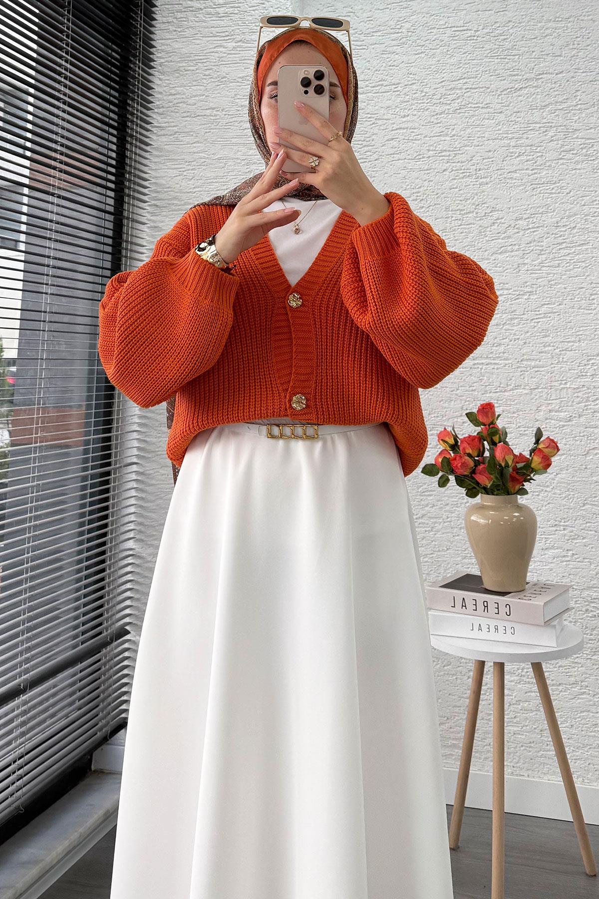 Balon Kol Gold Düğmeli Triko Hırka – Turuncu