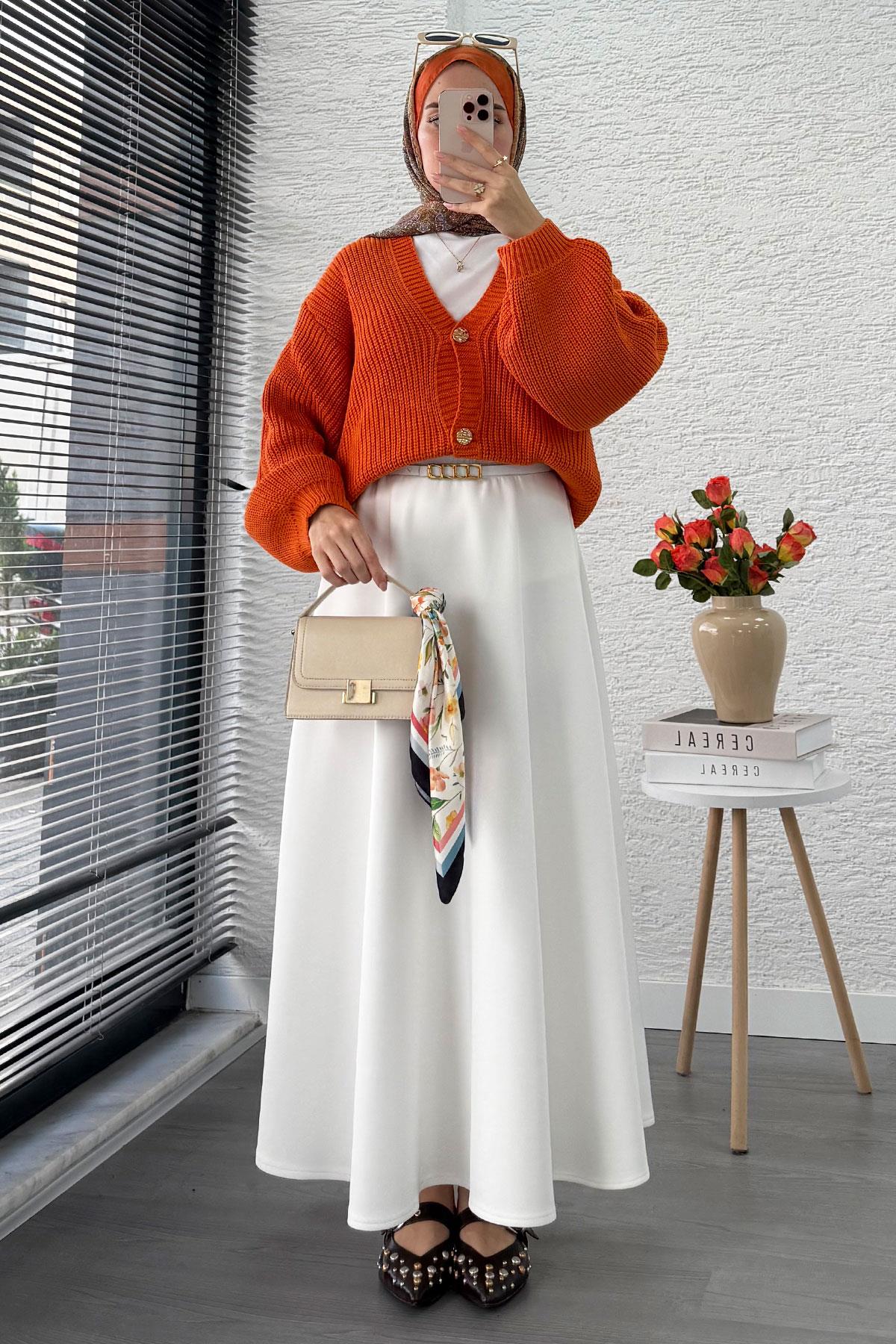 Balon Kol Gold Düğmeli Triko Hırka – Turuncu