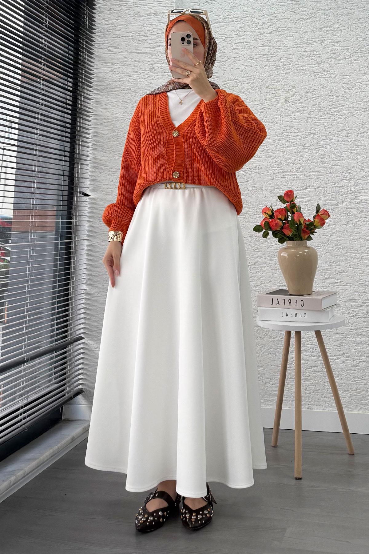 Balon Kol Gold Düğmeli Triko Hırka – Turuncu