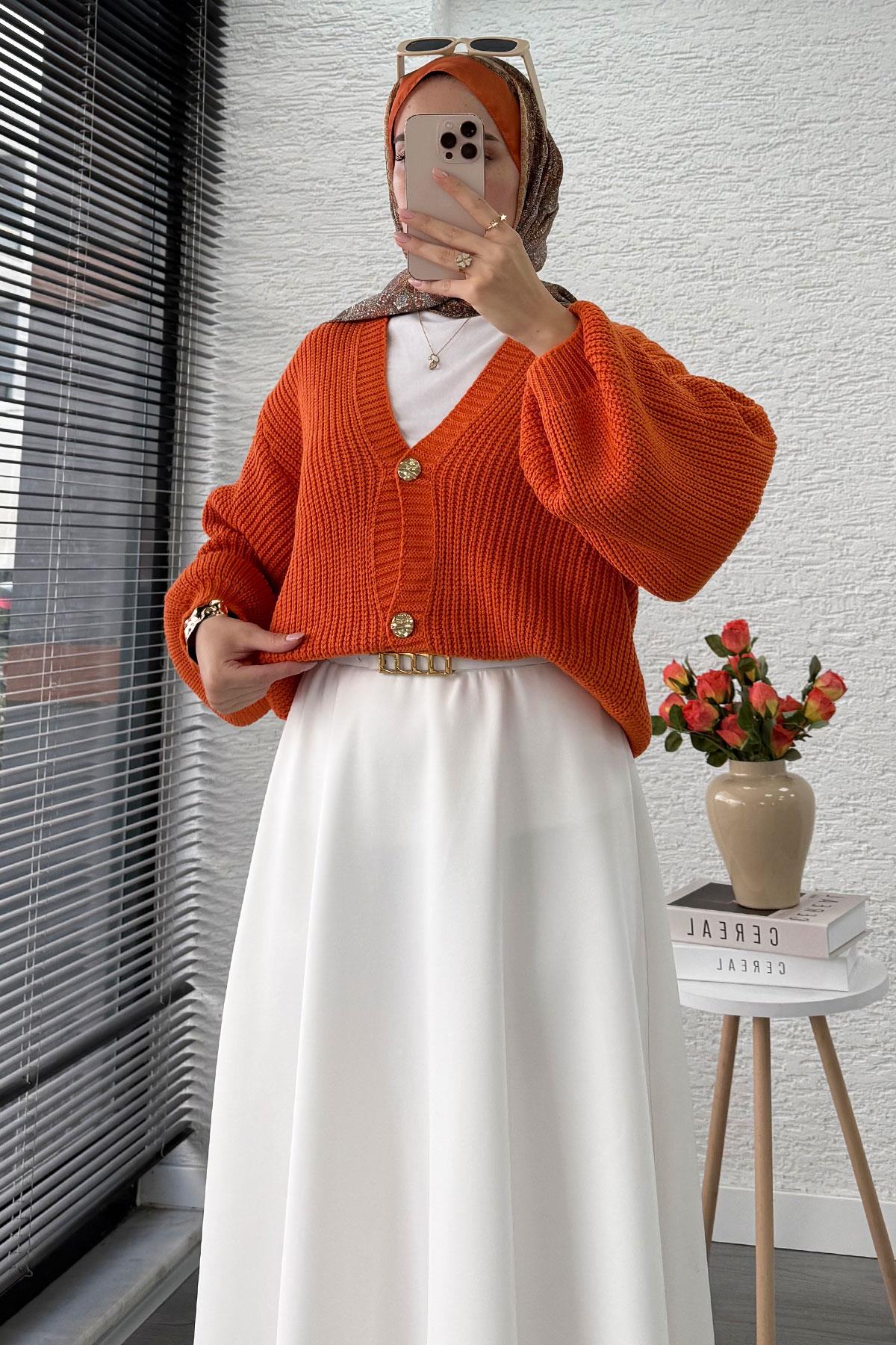 Balon Kol Gold Düğmeli Triko Hırka – Turuncu