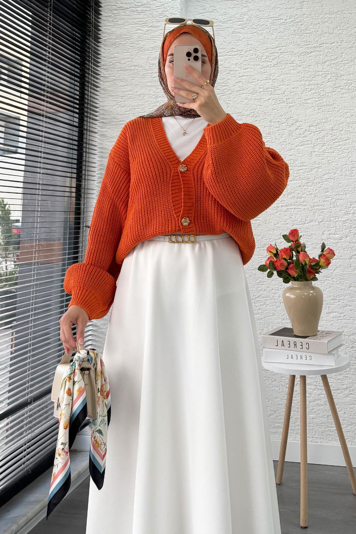 Balon Kol Gold Düğmeli Triko Hırka – Turuncu