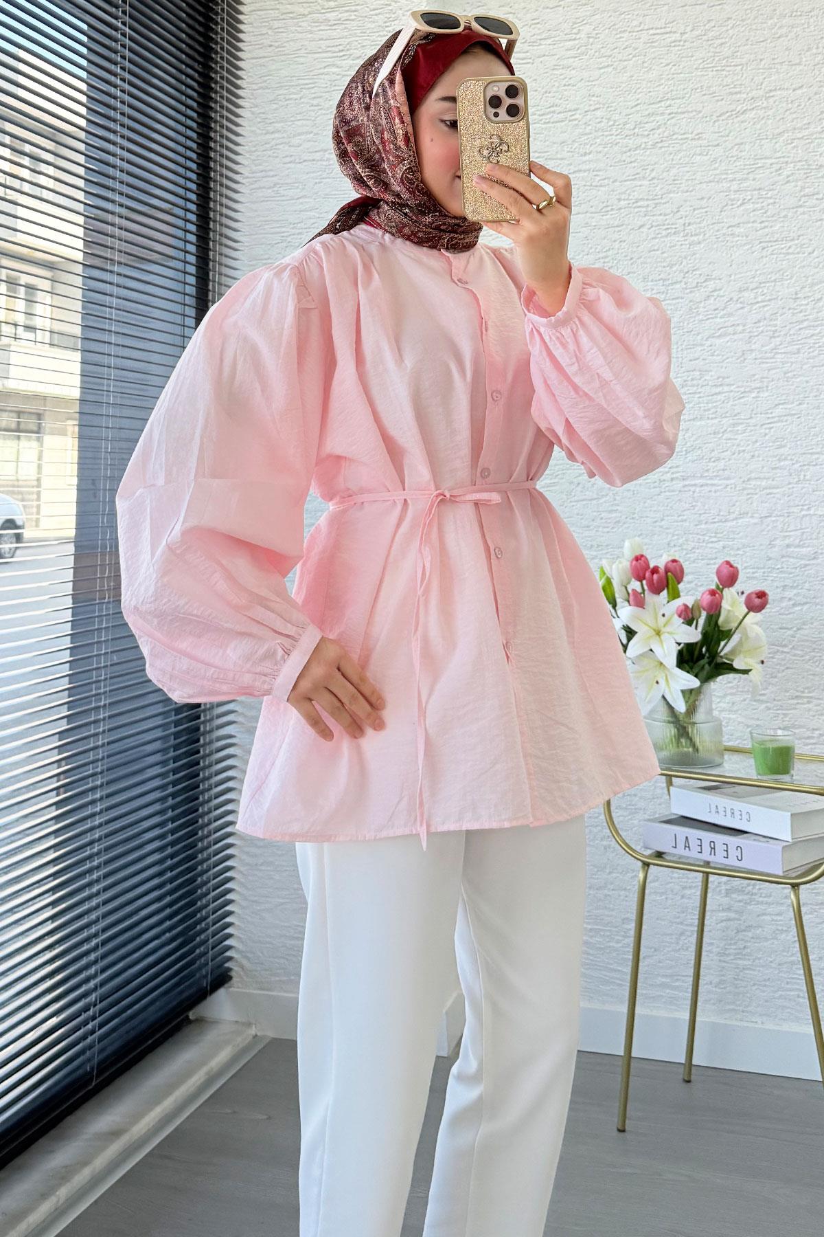 Balon Kol Hakim Yaka Zigana Tunik – Pembe