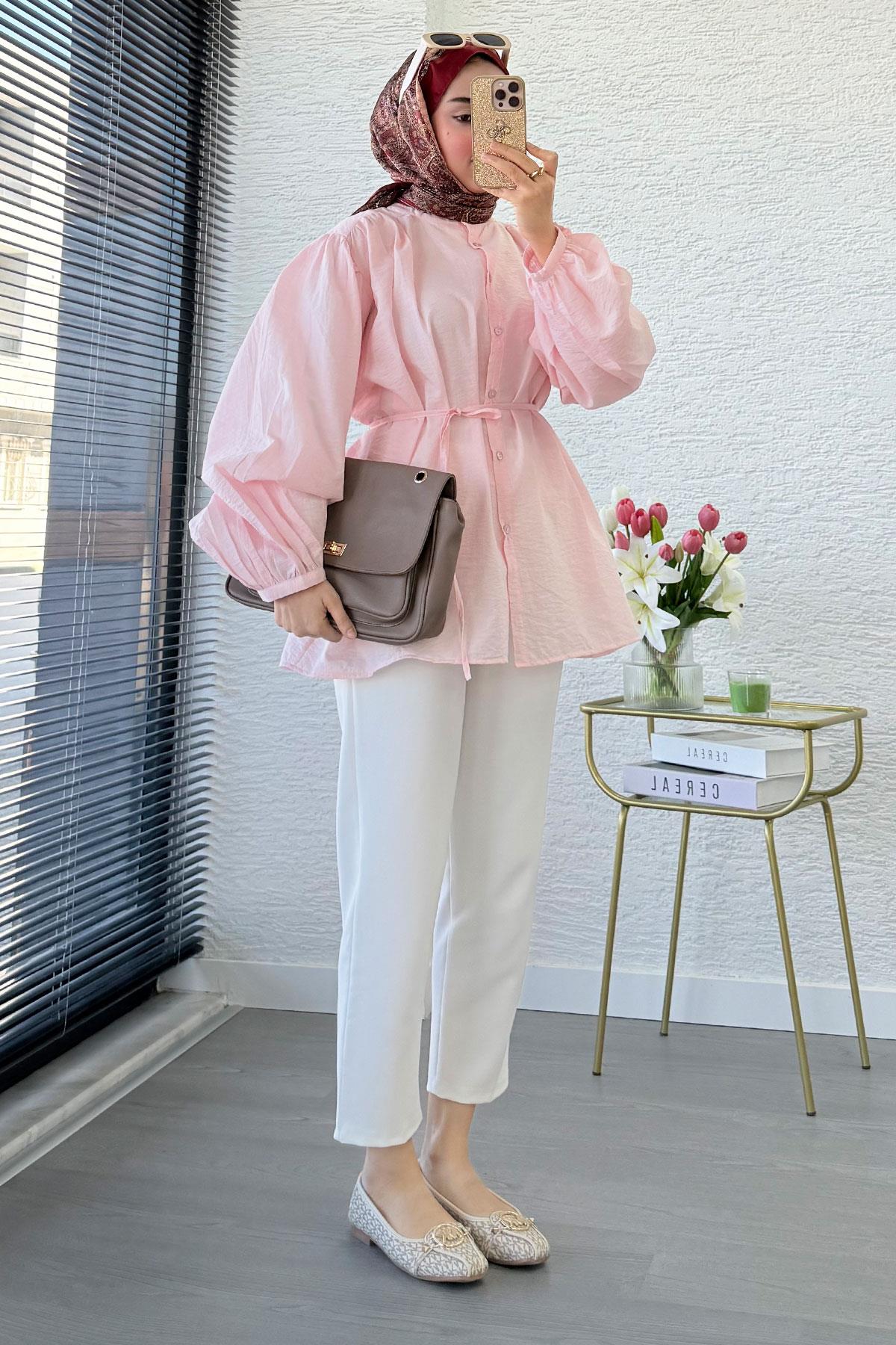 Balon Kol Hakim Yaka Zigana Tunik – Pembe