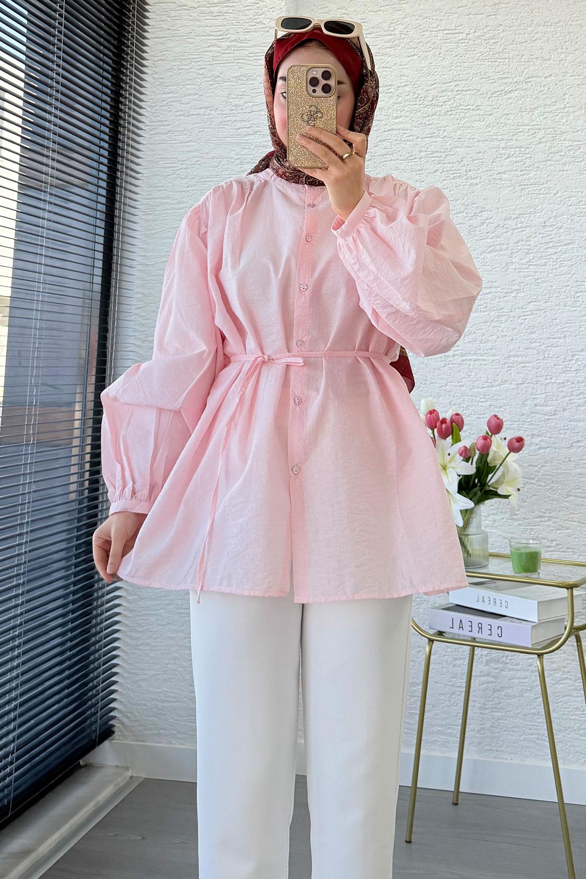 Balon Kol Hakim Yaka Zigana Tunik – Pembe