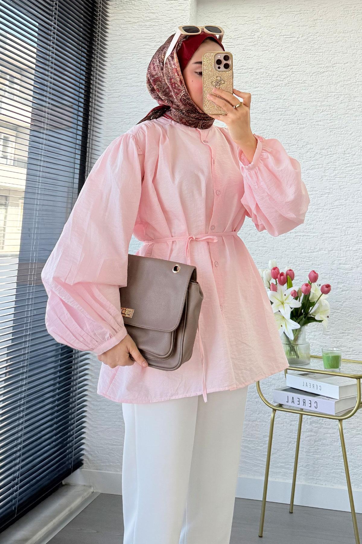 Balon Kol Hakim Yaka Zigana Tunik – Pembe