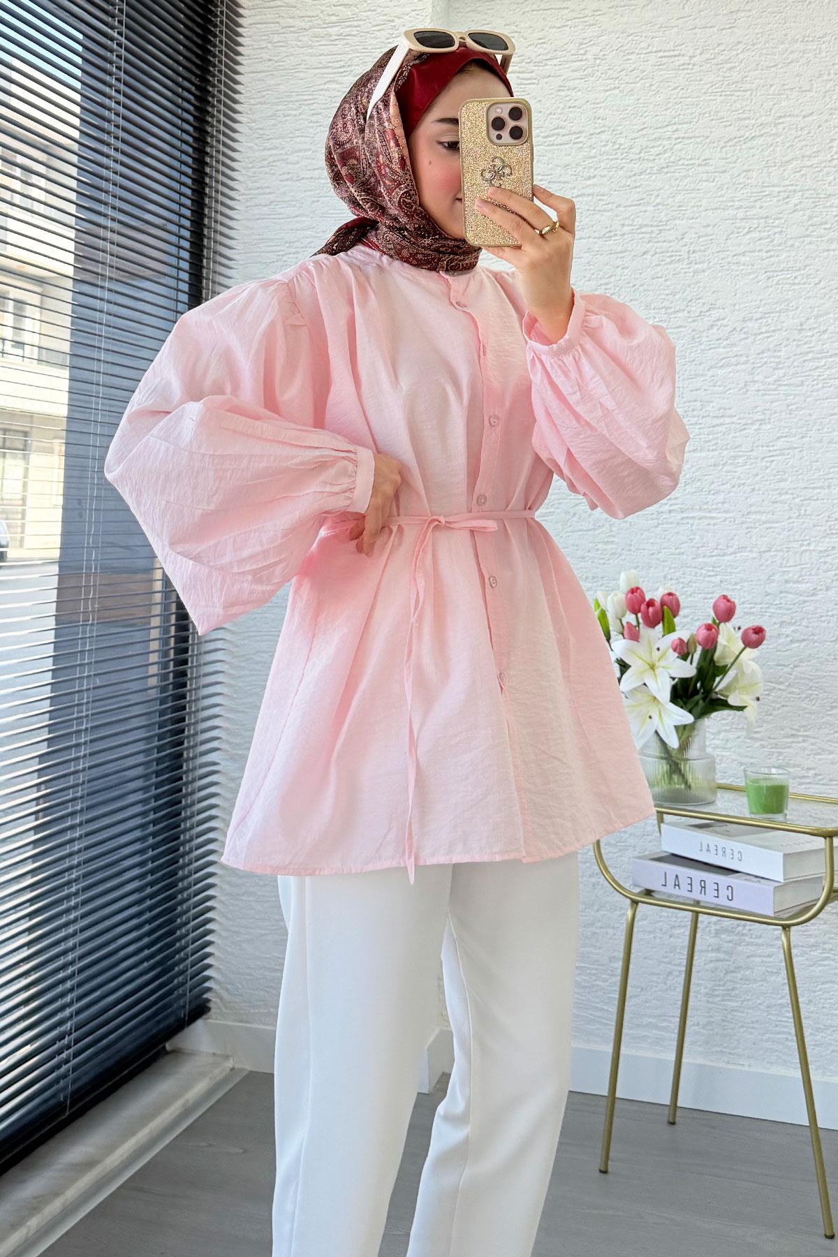 Balon Kol Hakim Yaka Zigana Tunik – Pembe
