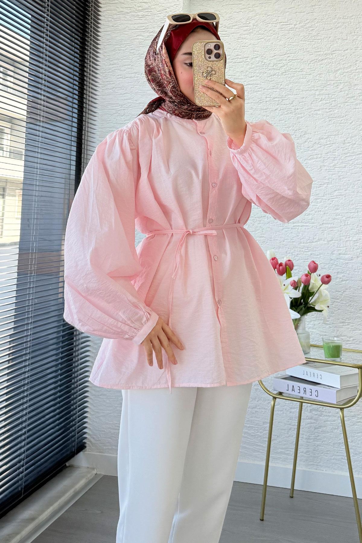 Balon Kol Hakim Yaka Zigana Tunik – Pembe