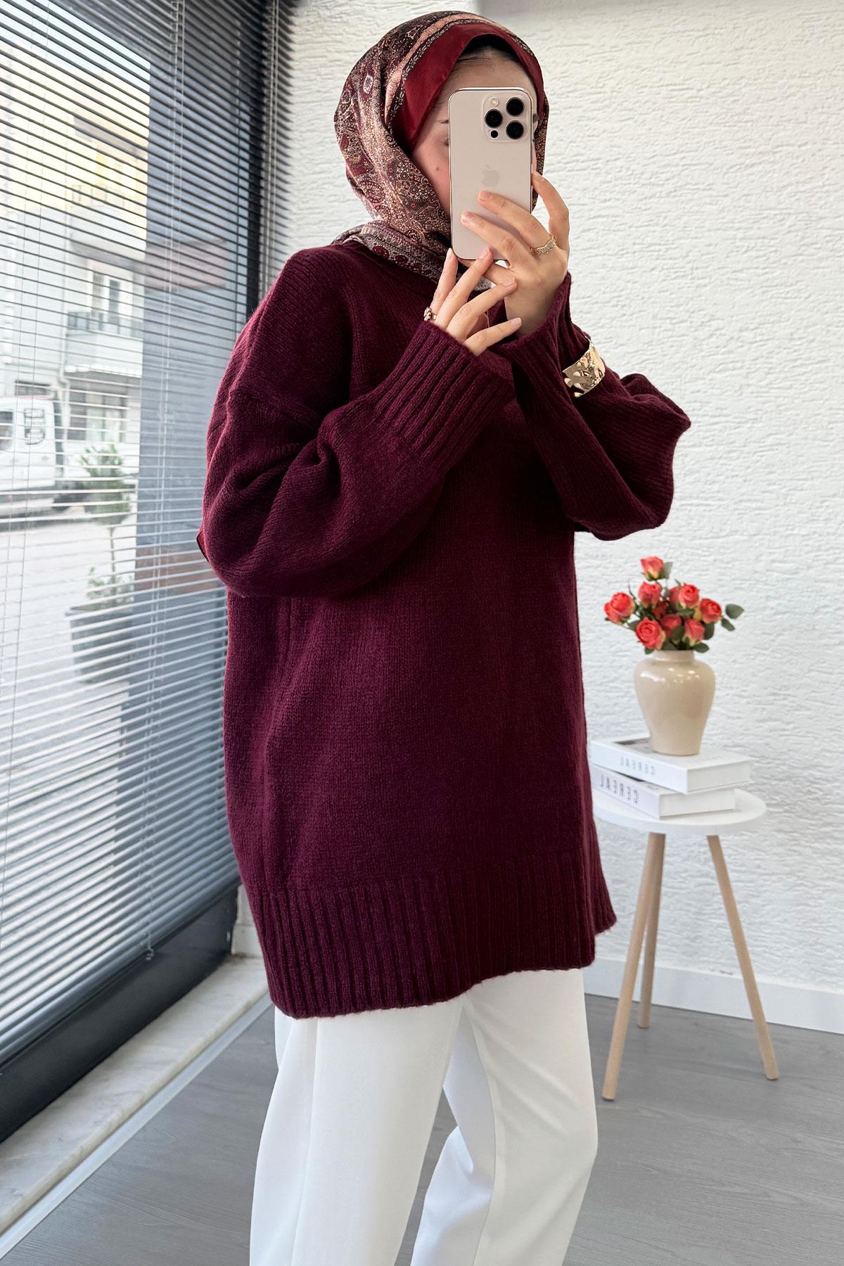 Basic Oversize Triko Kazak – Bordo