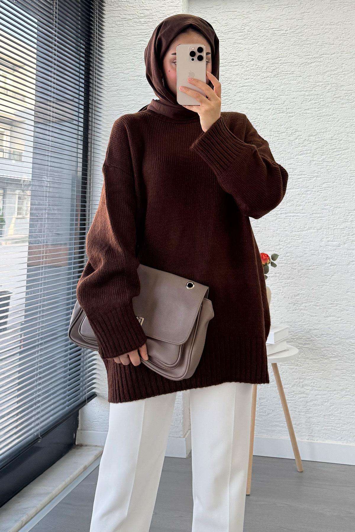 Basic Oversize Triko Kazak – Kahverengi