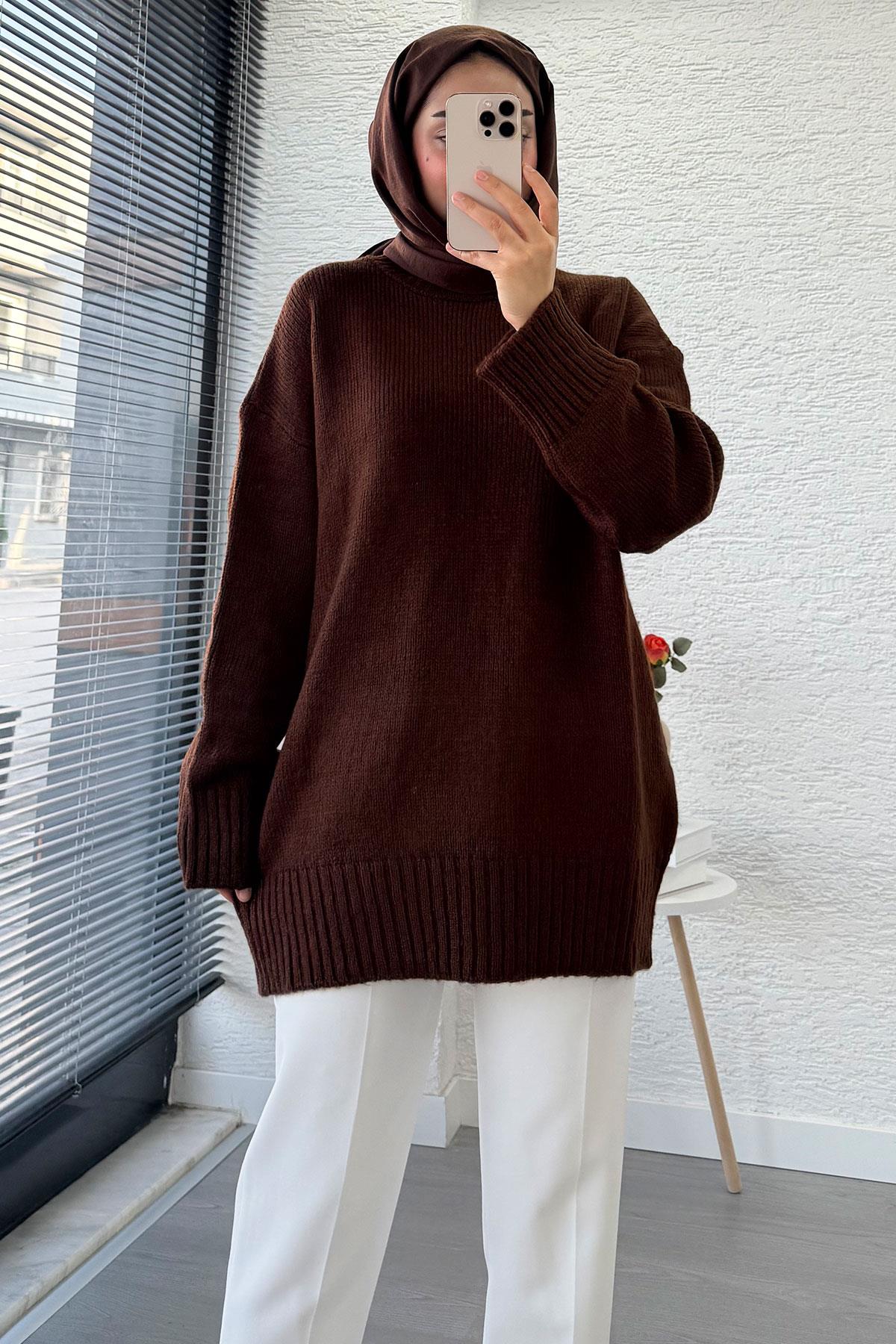 Basic Oversize Triko Kazak – Kahverengi