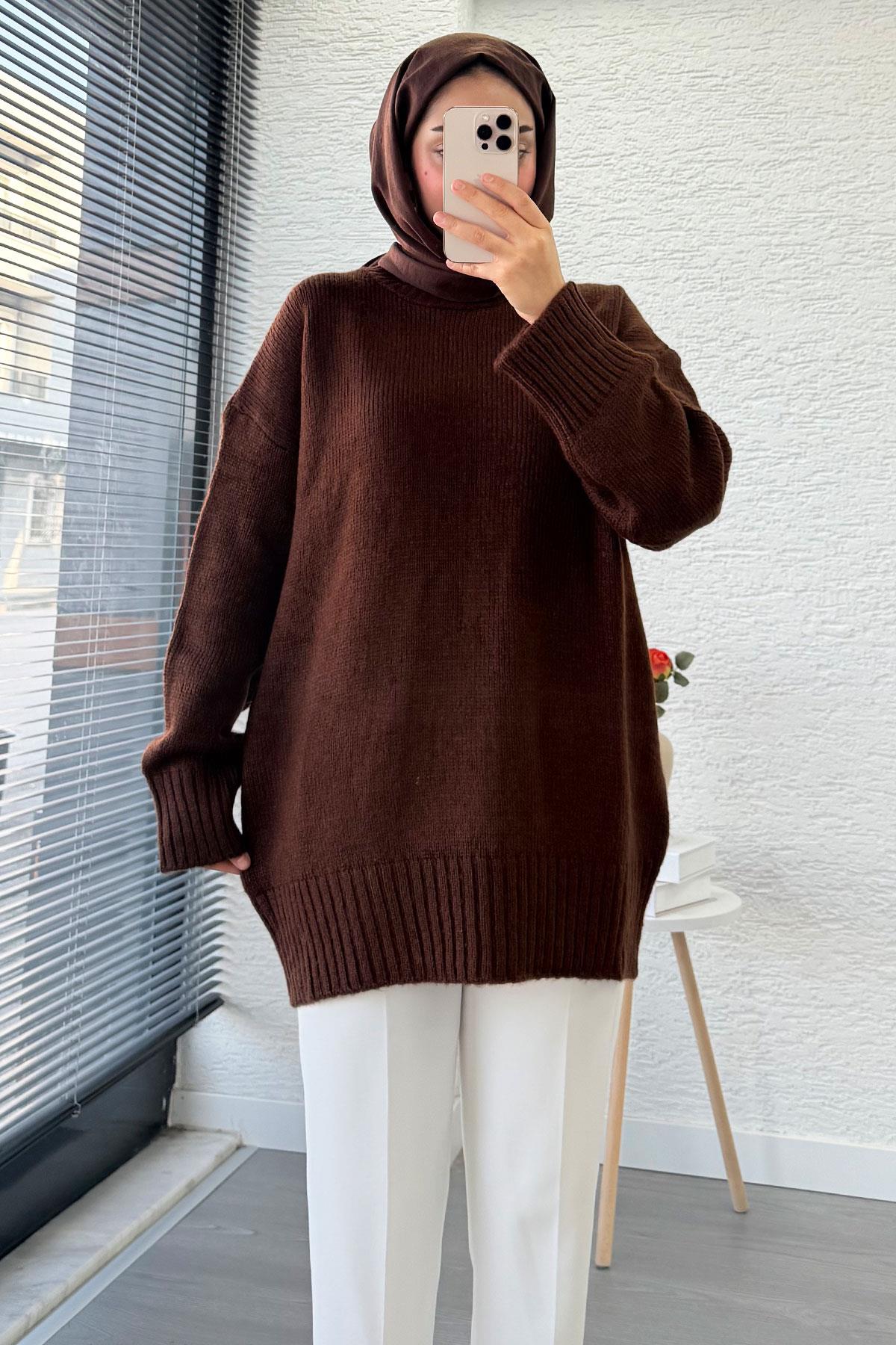 Basic Oversize Triko Kazak – Kahverengi