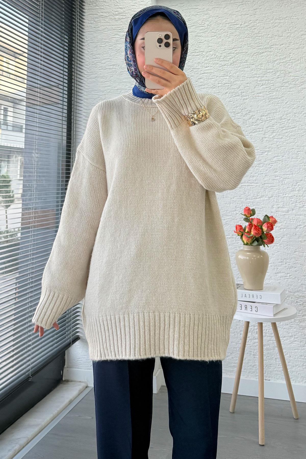 Basic Oversize Triko Kazak – Taş