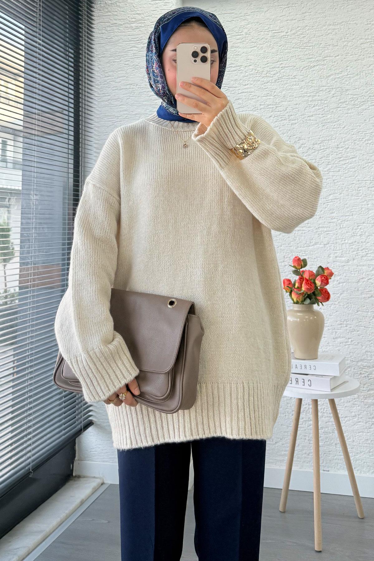 Basic Oversize Triko Kazak – Taş