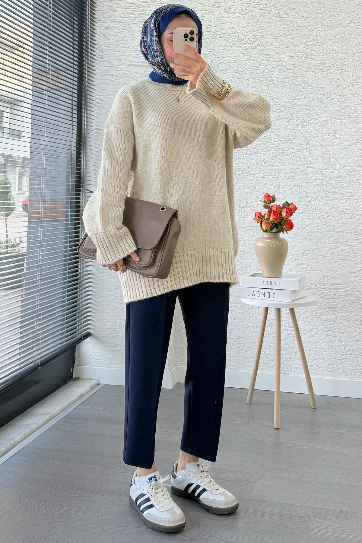 Basic Oversize Triko Kazak – Taş