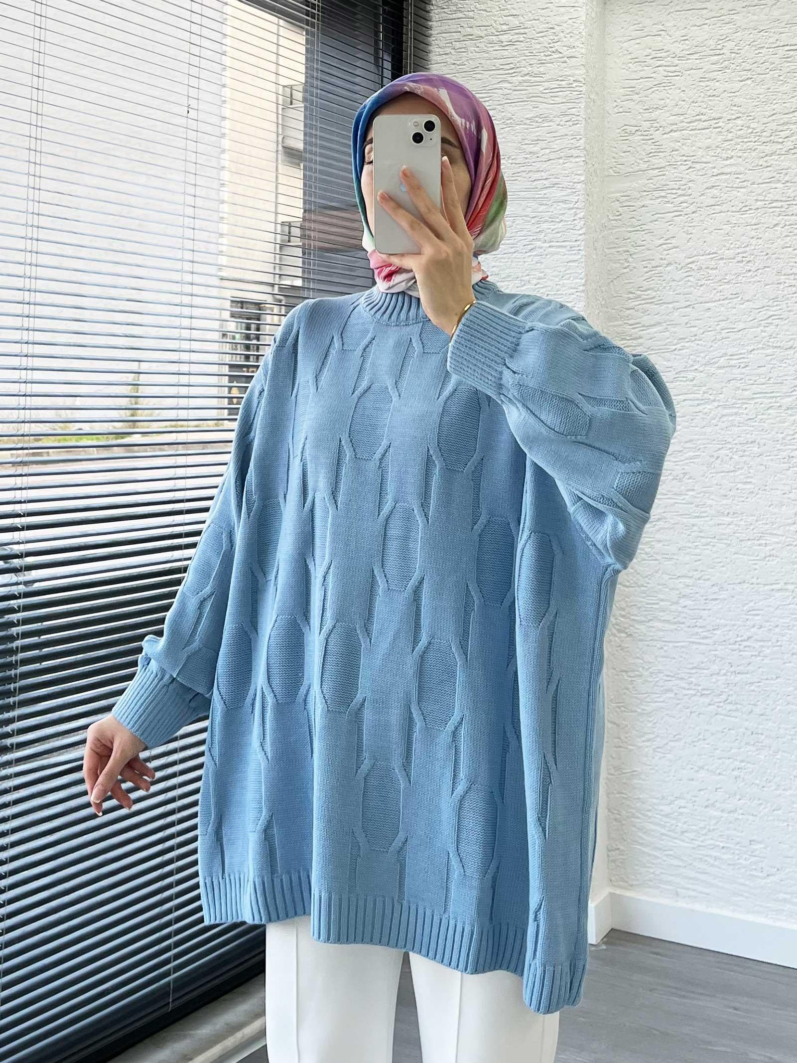 Bebe Mavi Kare Desenli Oversize Kadın Kazak