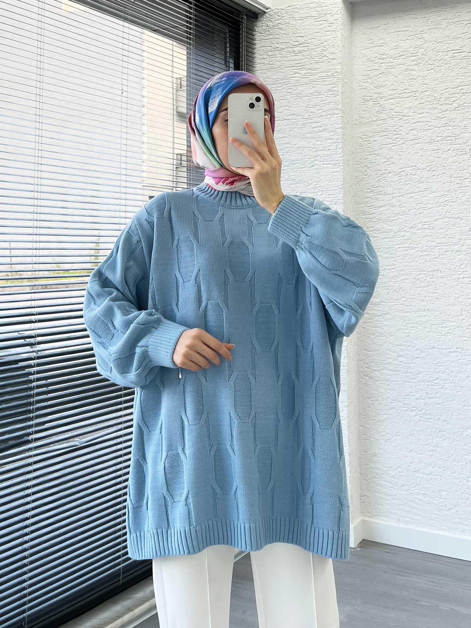 Bebe Mavi Kare Desenli Oversize Kadın Kazak